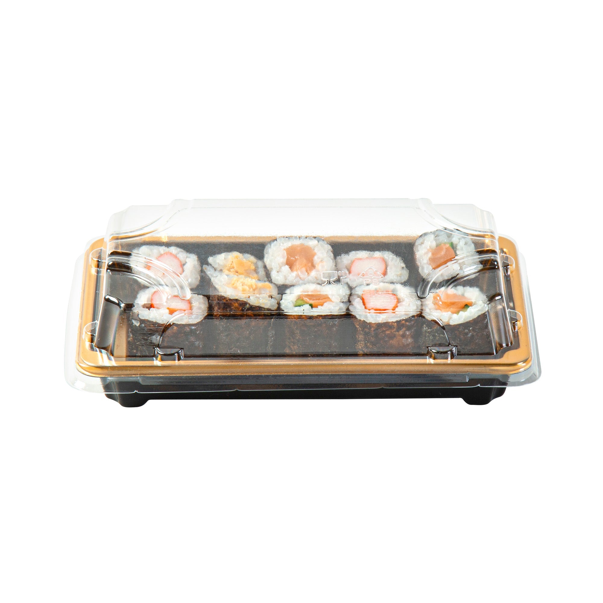 Roku Rectangle Gold Plastic Take Out Sushi Tray - with Clear Lid - 6" x 3 1/2" x 1 3/4" - 100 count box