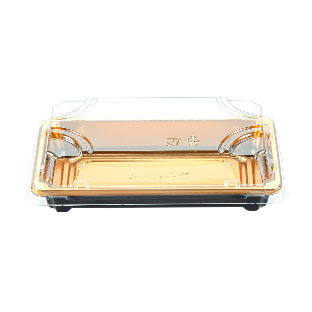 Roku Rectangle Gold Plastic Take Out Sushi Tray - with Clear Lid - 6" x 3 1/2" x 1 3/4" - 100 count box