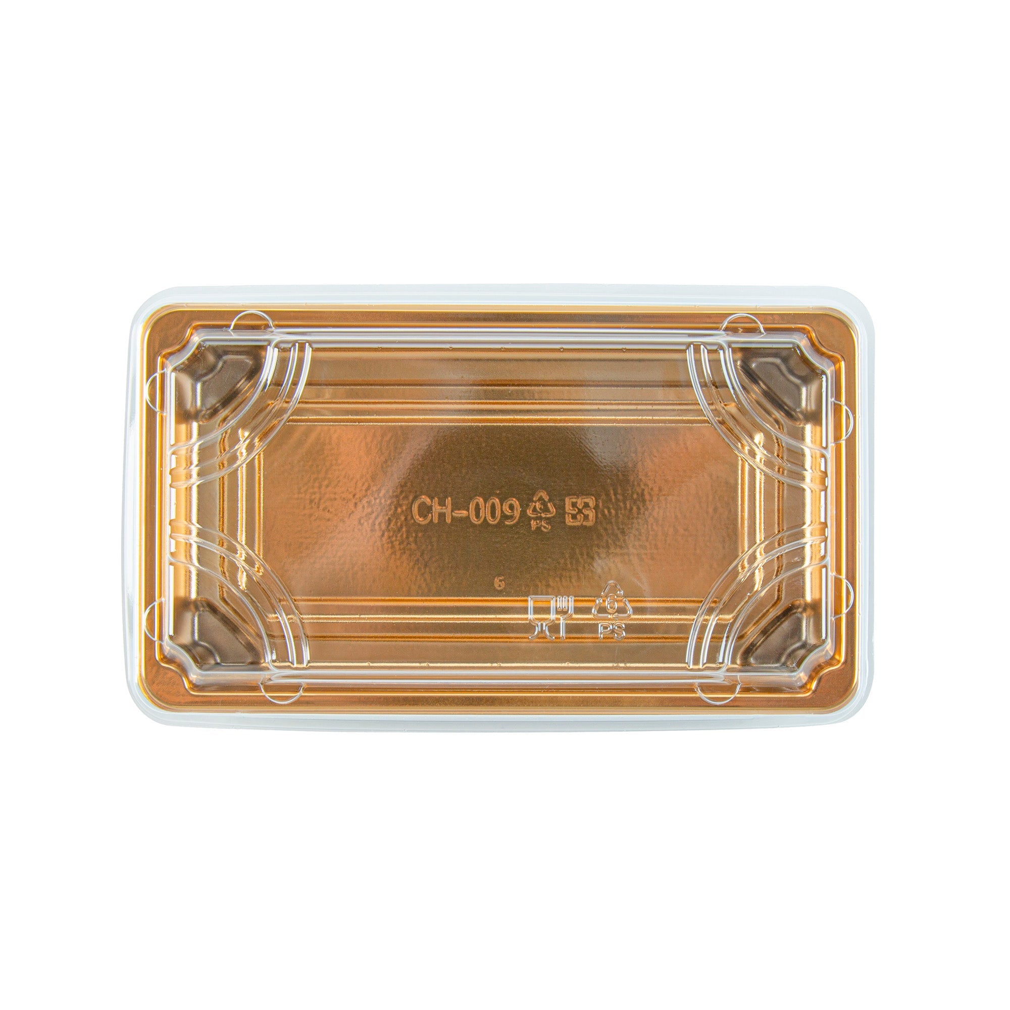 Roku Rectangle Gold Plastic Take Out Sushi Tray - with Clear Lid - 6" x 3 1/2" x 1 3/4" - 100 count box