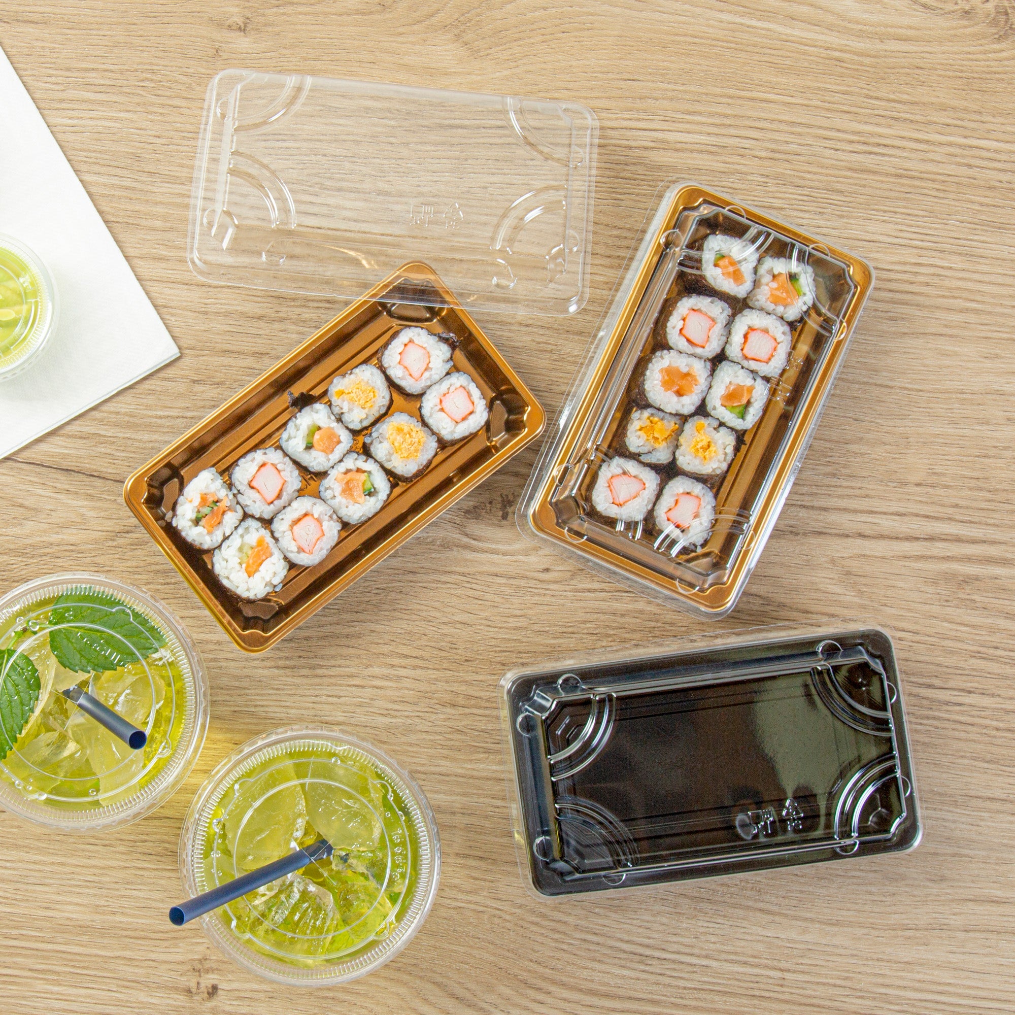 Roku Rectangle Gold Plastic Take Out Sushi Tray - with Clear Lid - 6" x 3 1/2" x 1 3/4" - 100 count box