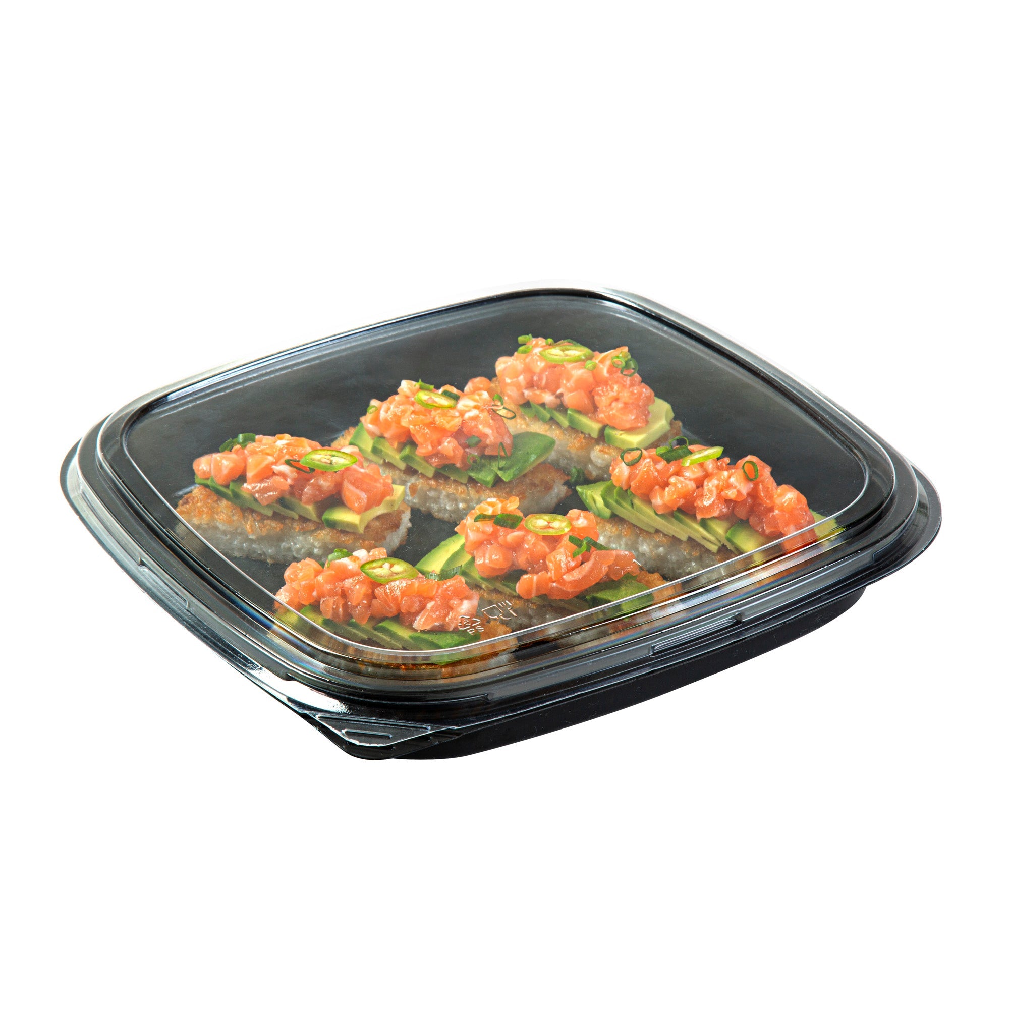 Roku Square Black Plastic Take Out Sushi Tray - with Clear Lid - 10 3/4" x 10 3/4" x 1 3/4" - 100 count box