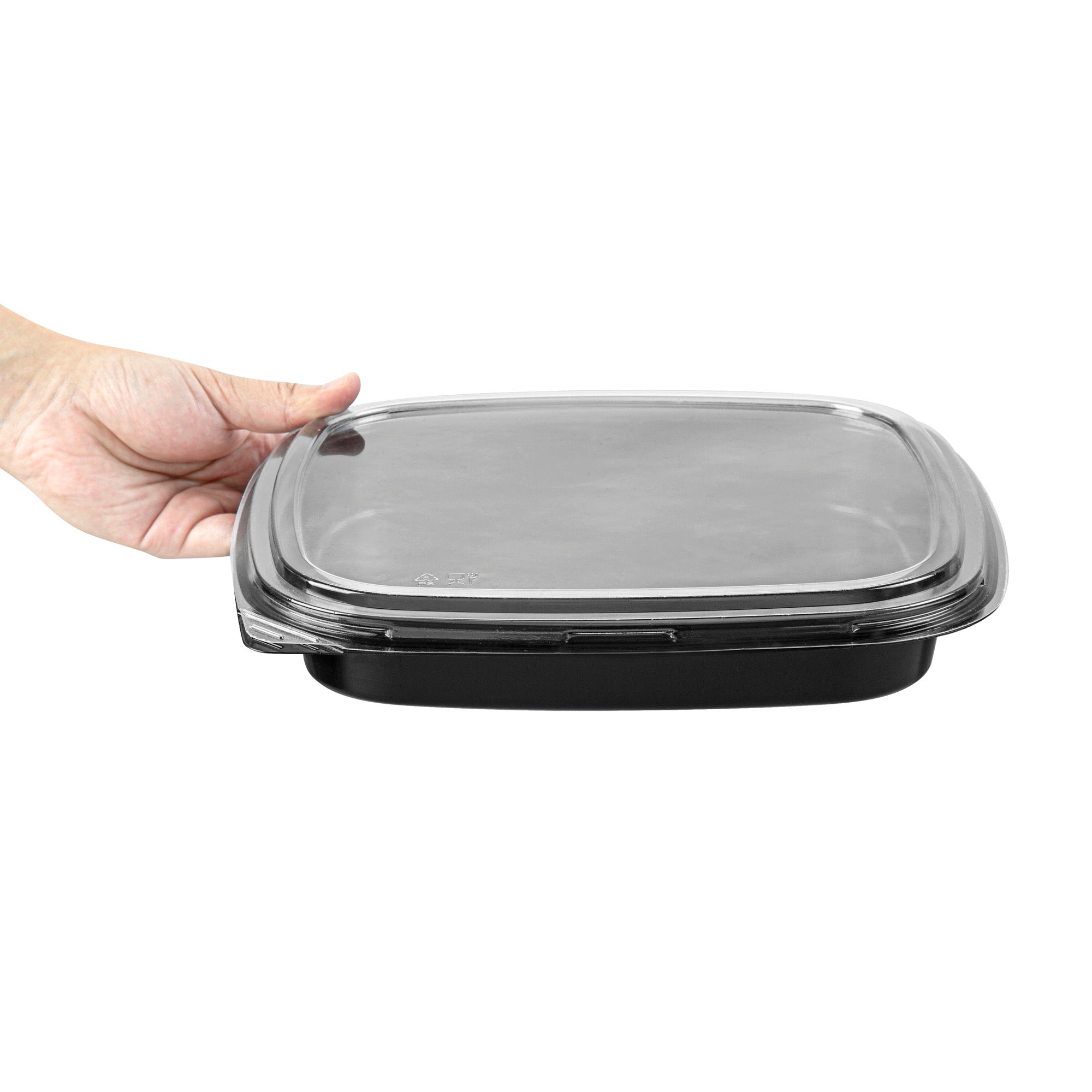 Roku Square Black Plastic Take Out Sushi Tray - with Clear Lid - 10 3/4" x 10 3/4" x 1 3/4" - 50 count box