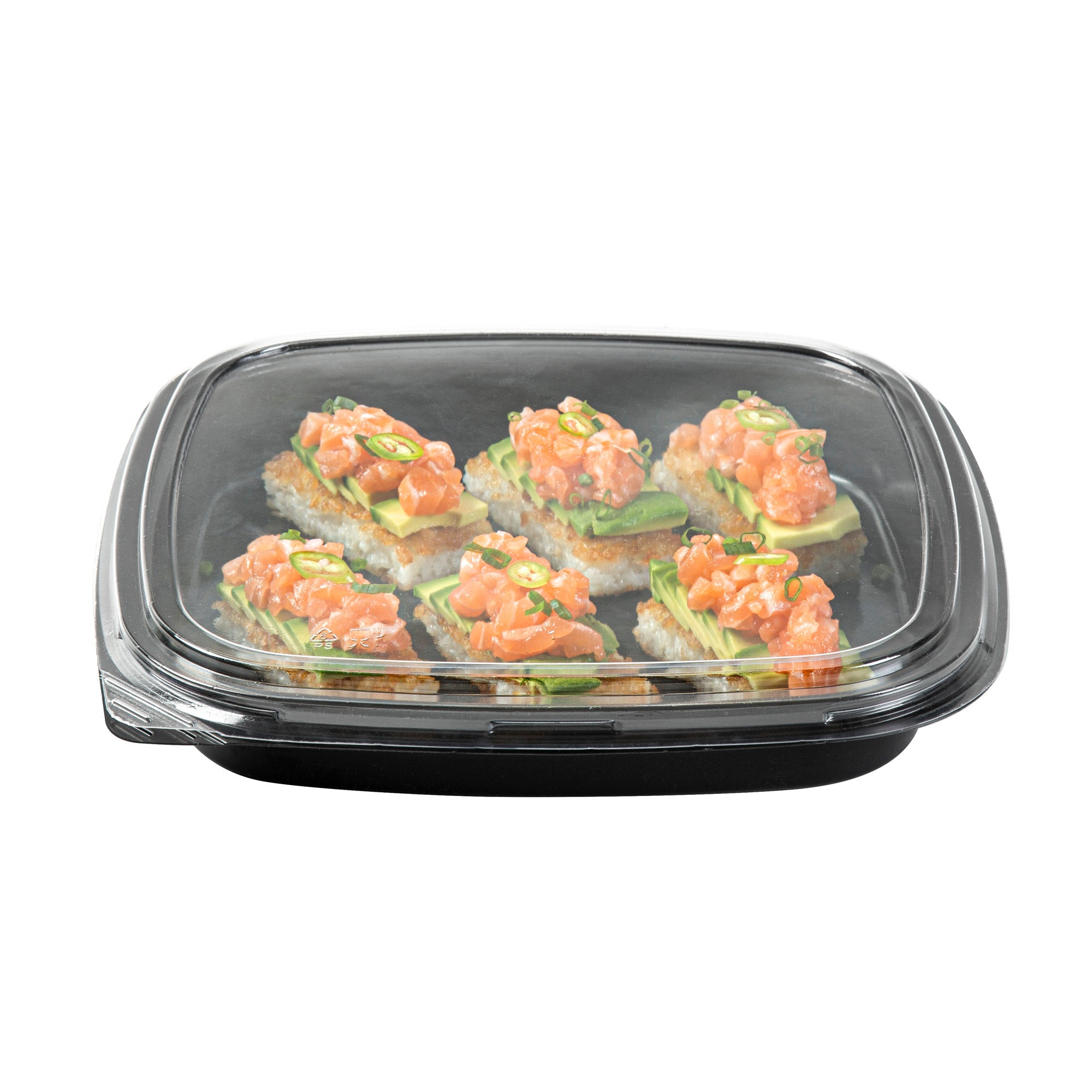 Roku Square Black Plastic Take Out Sushi Tray - with Clear Lid - 10 3/4" x 10 3/4" x 1 3/4" - 50 count box