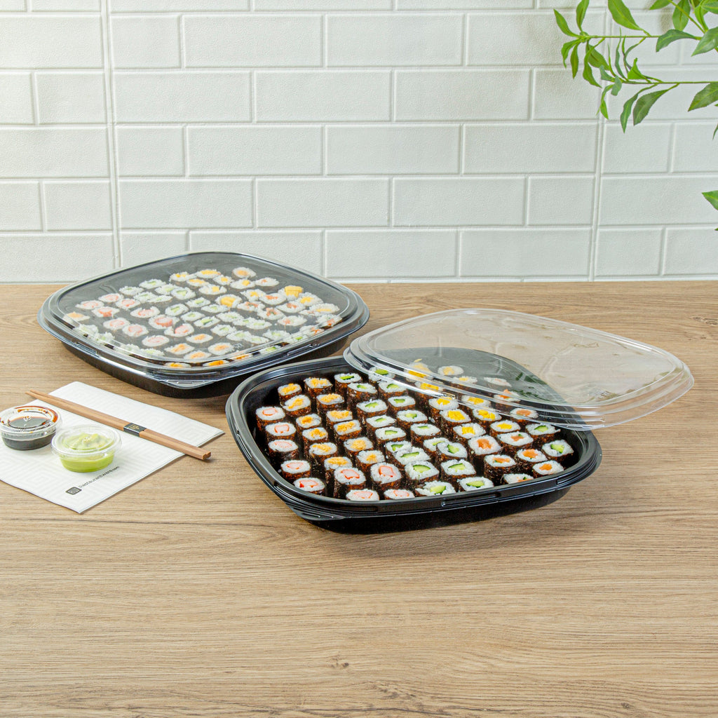 Roku Square Black Plastic Take Out Sushi Tray - with Clear Lid - 12 1/2" x 12 1/2" x 1 3/4" - 100 count box