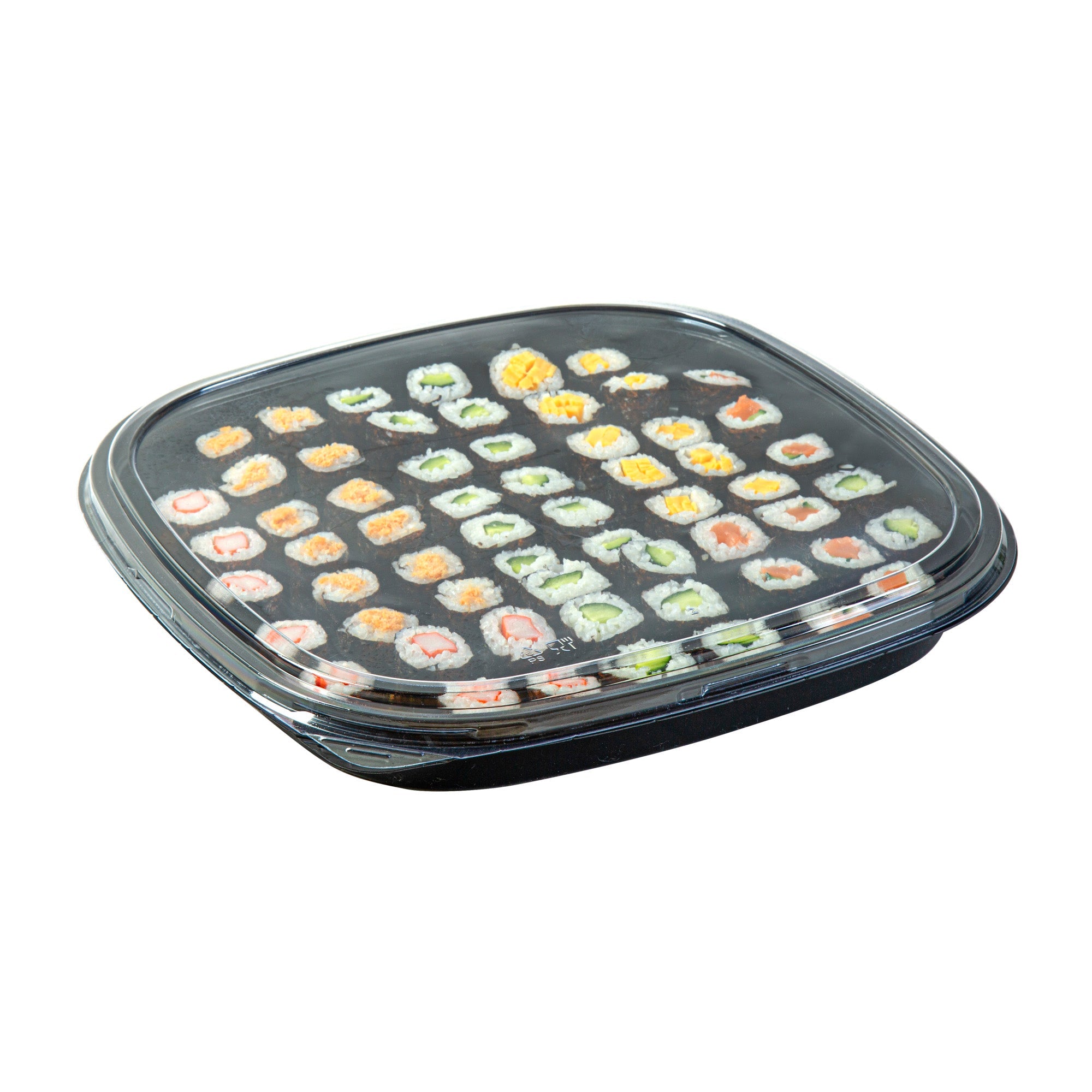 Roku Square Black Plastic Take Out Sushi Tray - with Clear Lid - 12 1/2" x 12 1/2" x 1 3/4" - 50 count box