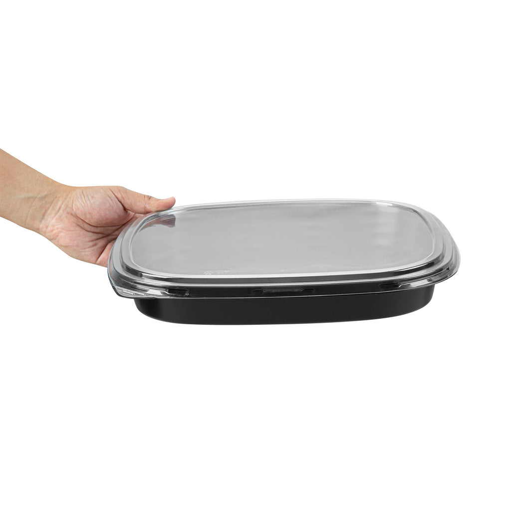 Roku Square Black Plastic Take Out Sushi Tray - with Clear Lid - 12 1/2" x 12 1/2" x 1 3/4" - 50 count box