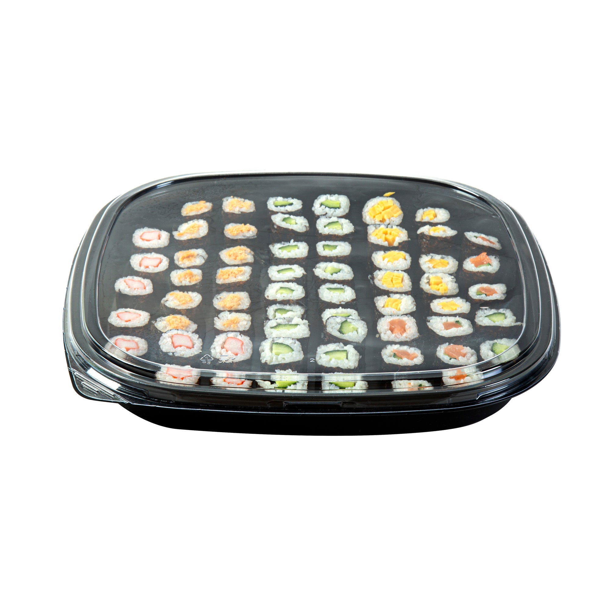 Roku Square Black Plastic Take Out Sushi Tray - with Clear Lid - 12 1/2" x 12 1/2" x 1 3/4" - 50 count box