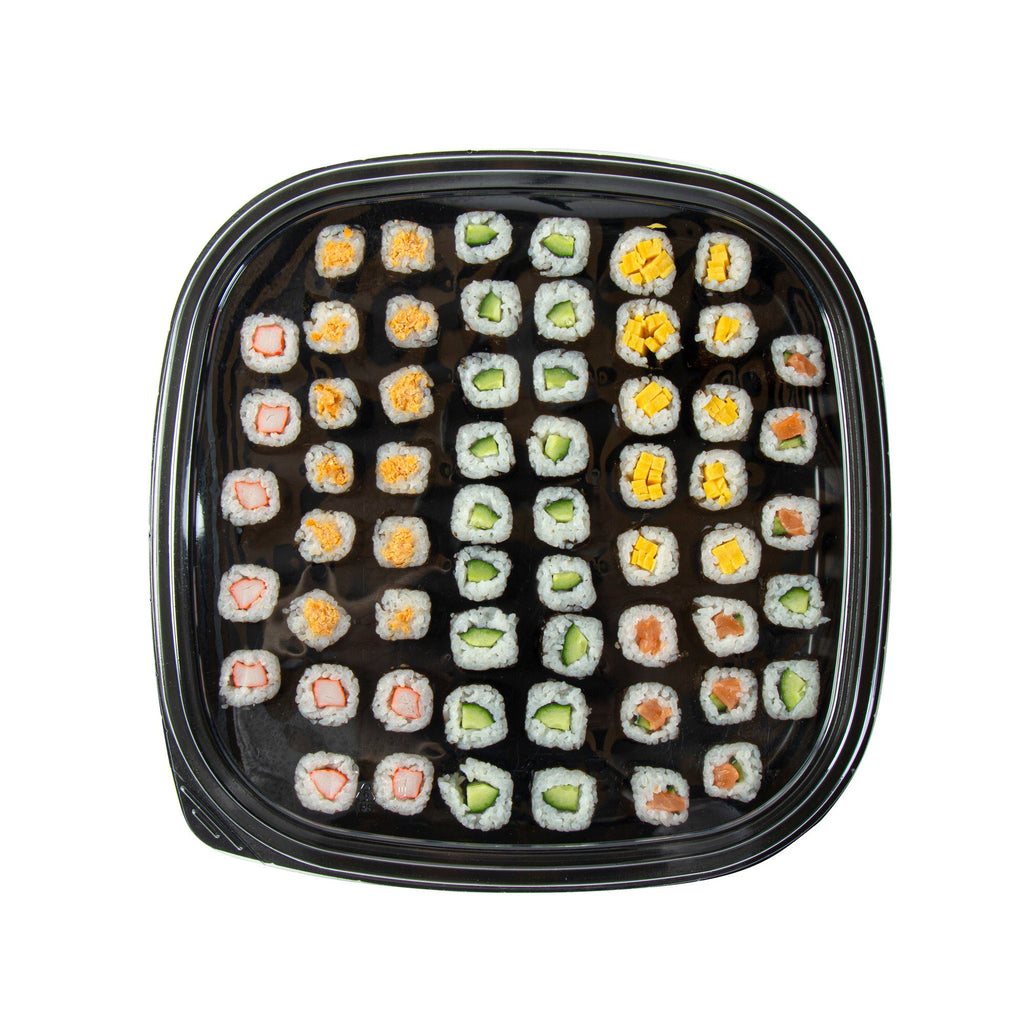 Roku Square Black Plastic Take Out Sushi Tray - with Clear Lid - 12 1/2" x 12 1/2" x 1 3/4" - 50 count box