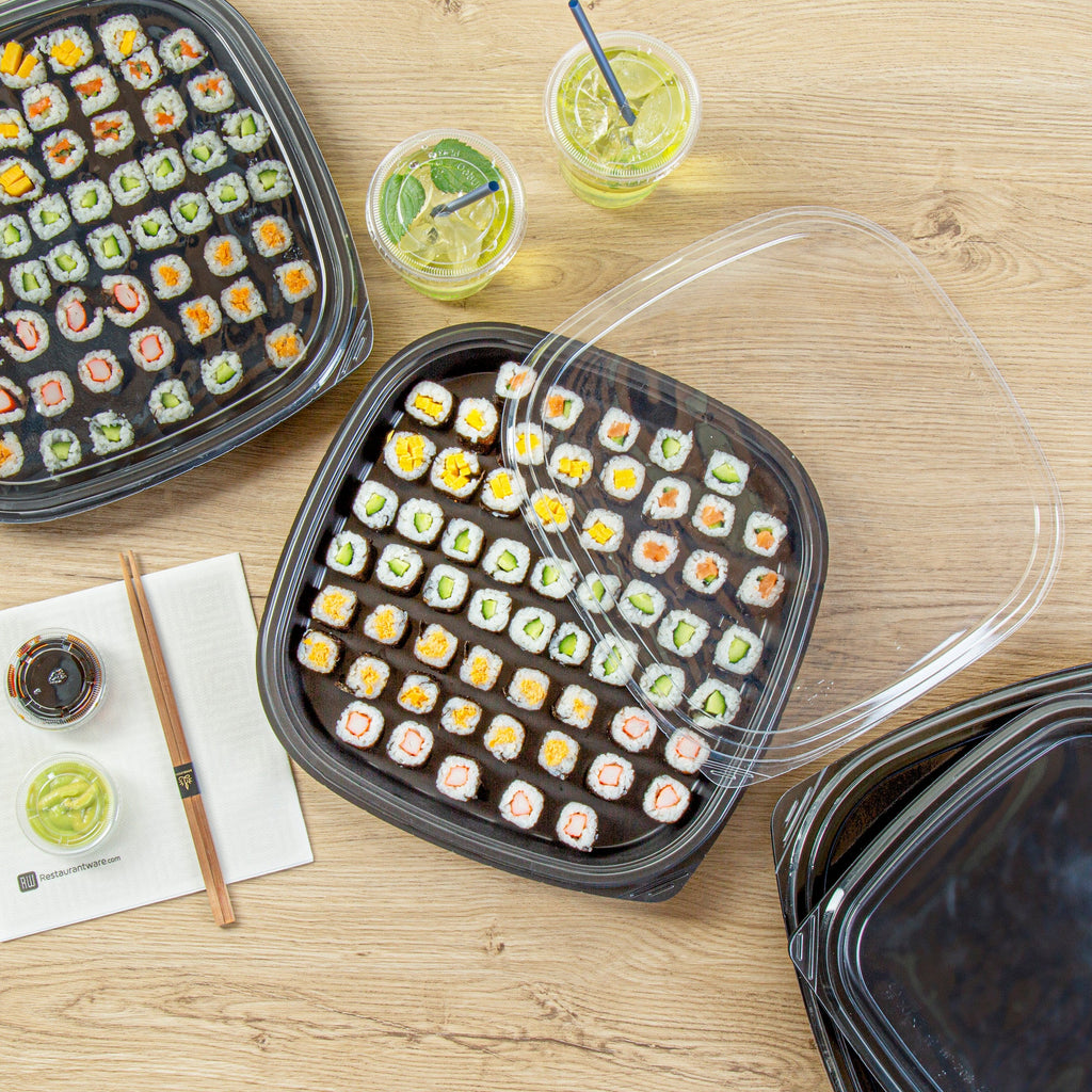 Roku Square Black Plastic Take Out Sushi Tray - with Clear Lid - 12 1/2" x 12 1/2" x 1 3/4" - 50 count box