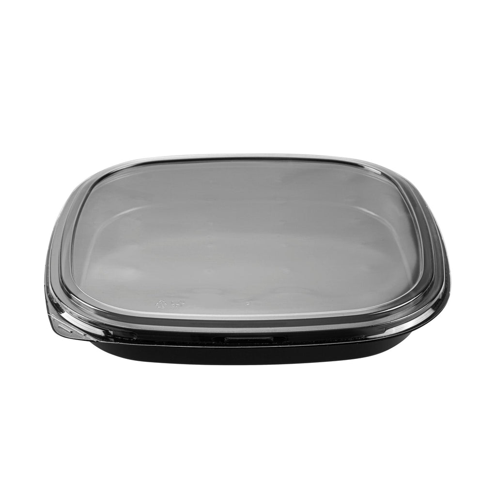 Roku Square Black Plastic Take Out Sushi Tray - with Clear Lid - 12 1/2" x 12 1/2" x 1 3/4" - 100 count box
