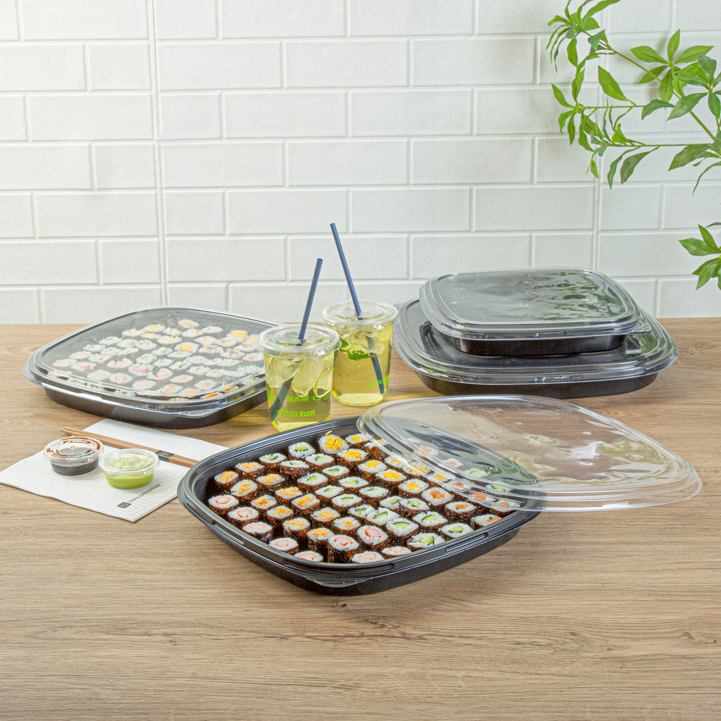 Roku Square Black Plastic Take Out Sushi Tray - with Clear Lid - 12 1/2" x 12 1/2" x 1 3/4" - 100 count box