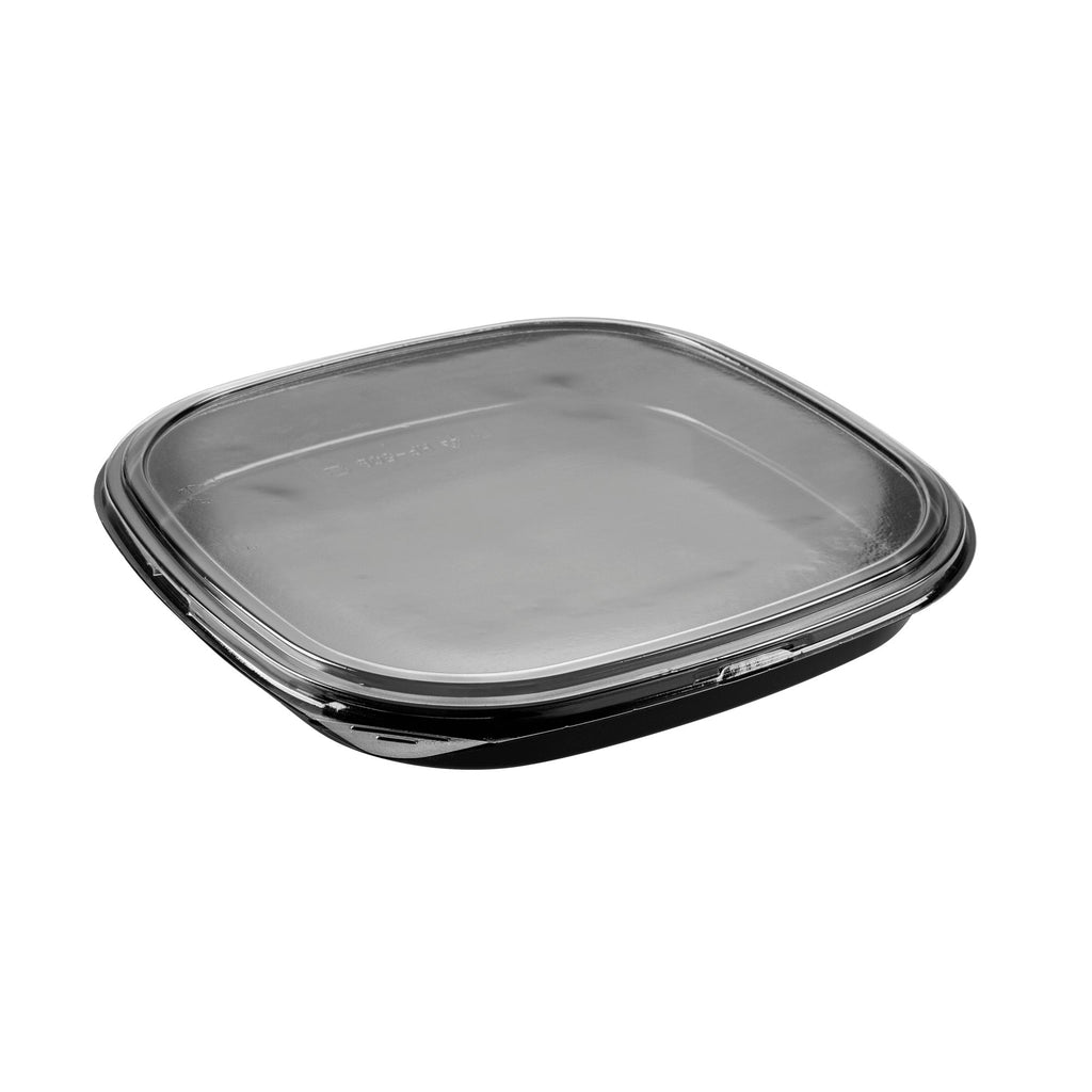 Roku Square Black Plastic Take Out Sushi Tray - with Clear Lid - 13 1/2" x 13 1/2" x 1 3/4" - 50 count box