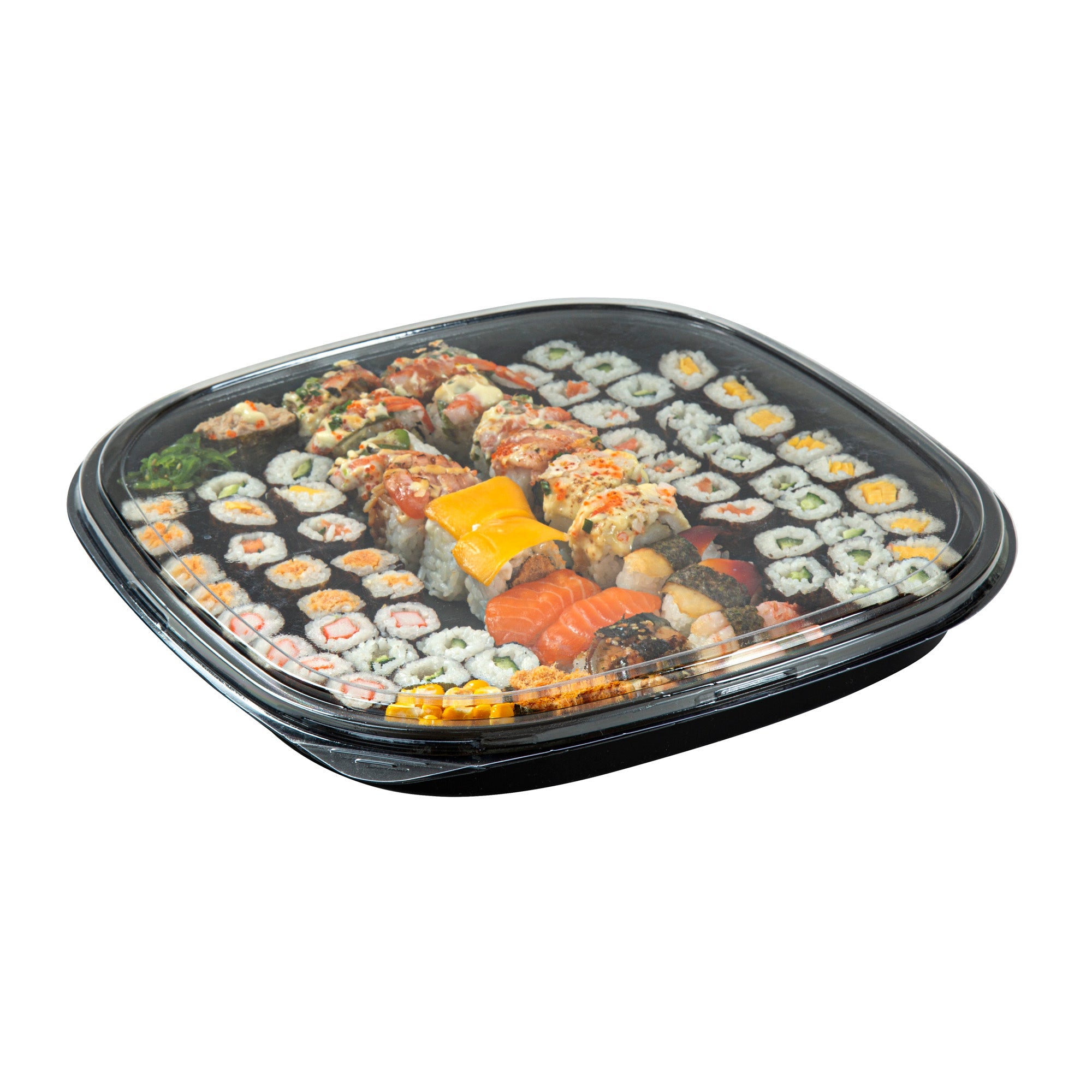 Roku Square Black Plastic Take Out Sushi Tray - with Clear Lid - 13 1/2" x 13 1/2" x 1 3/4" - 50 count box