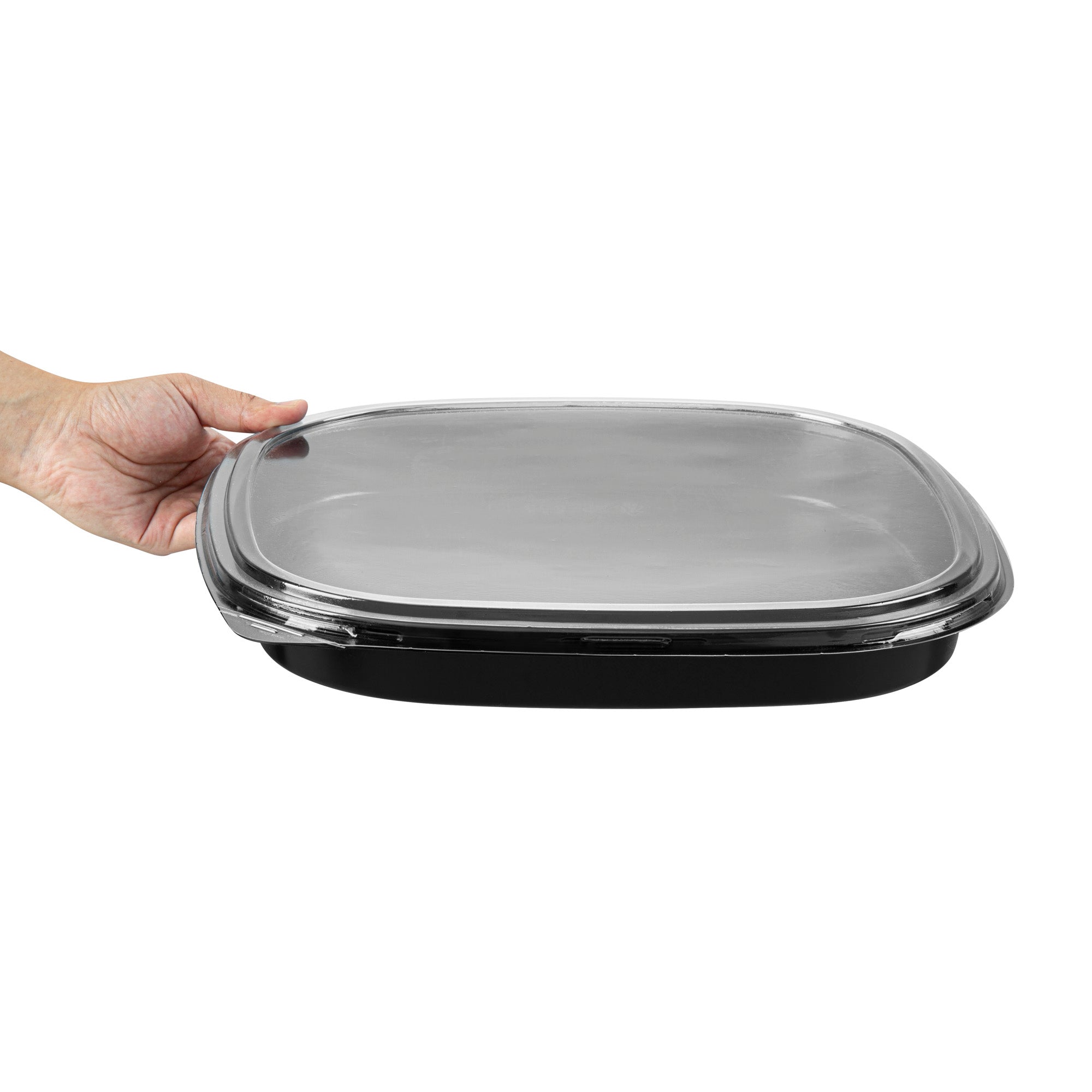 Roku Square Black Plastic Take Out Sushi Tray - with Clear Lid - 13 1/2" x 13 1/2" x 1 3/4" - 50 count box