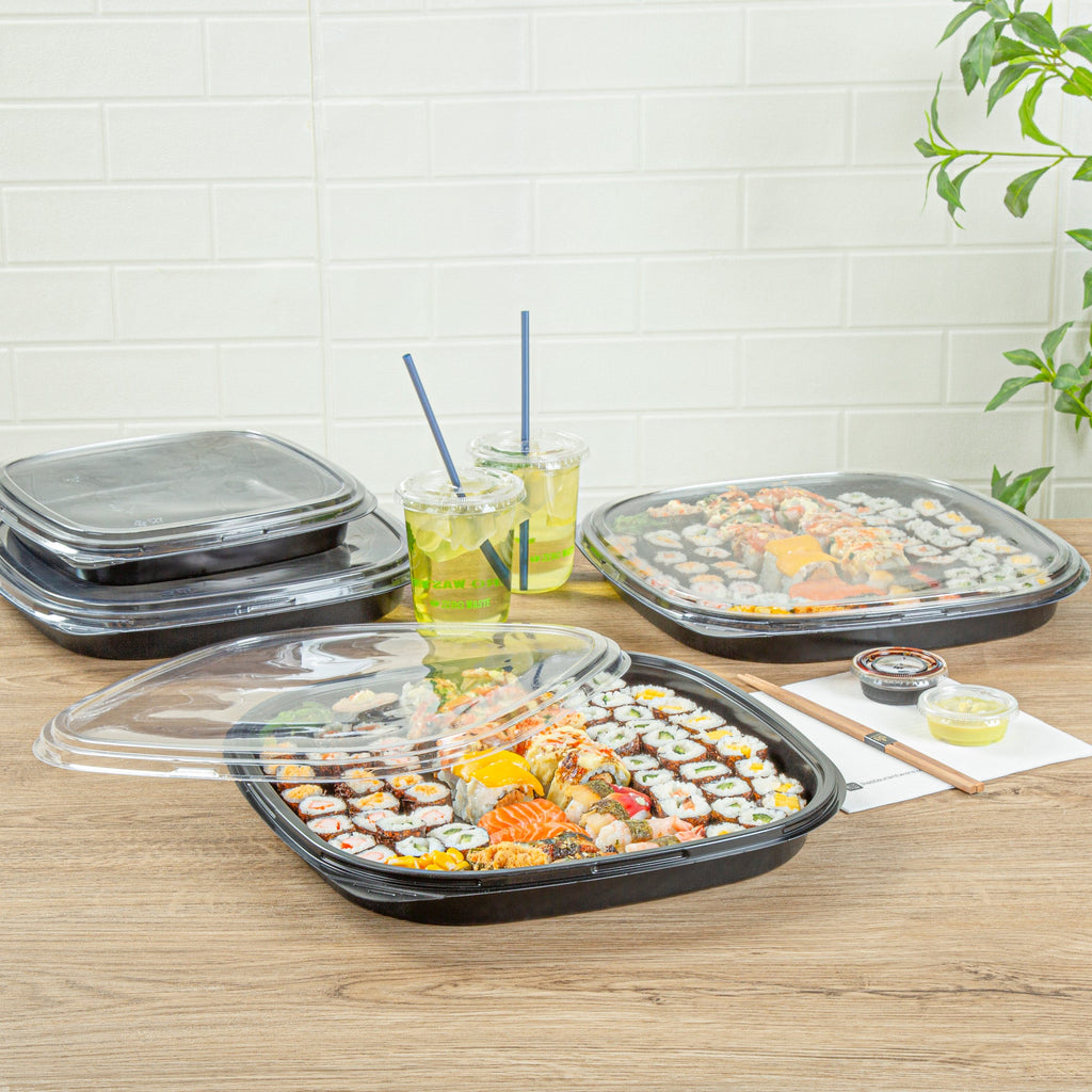 Roku Square Black Plastic Take Out Sushi Tray - with Clear Lid - 13 1/2" x 13 1/2" x 1 3/4" - 50 count box