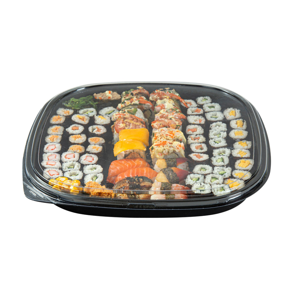 Roku Square Black Plastic Take Out Sushi Tray - with Clear Lid - 13 1/2" x 13 1/2" x 1 3/4" - 100 count box