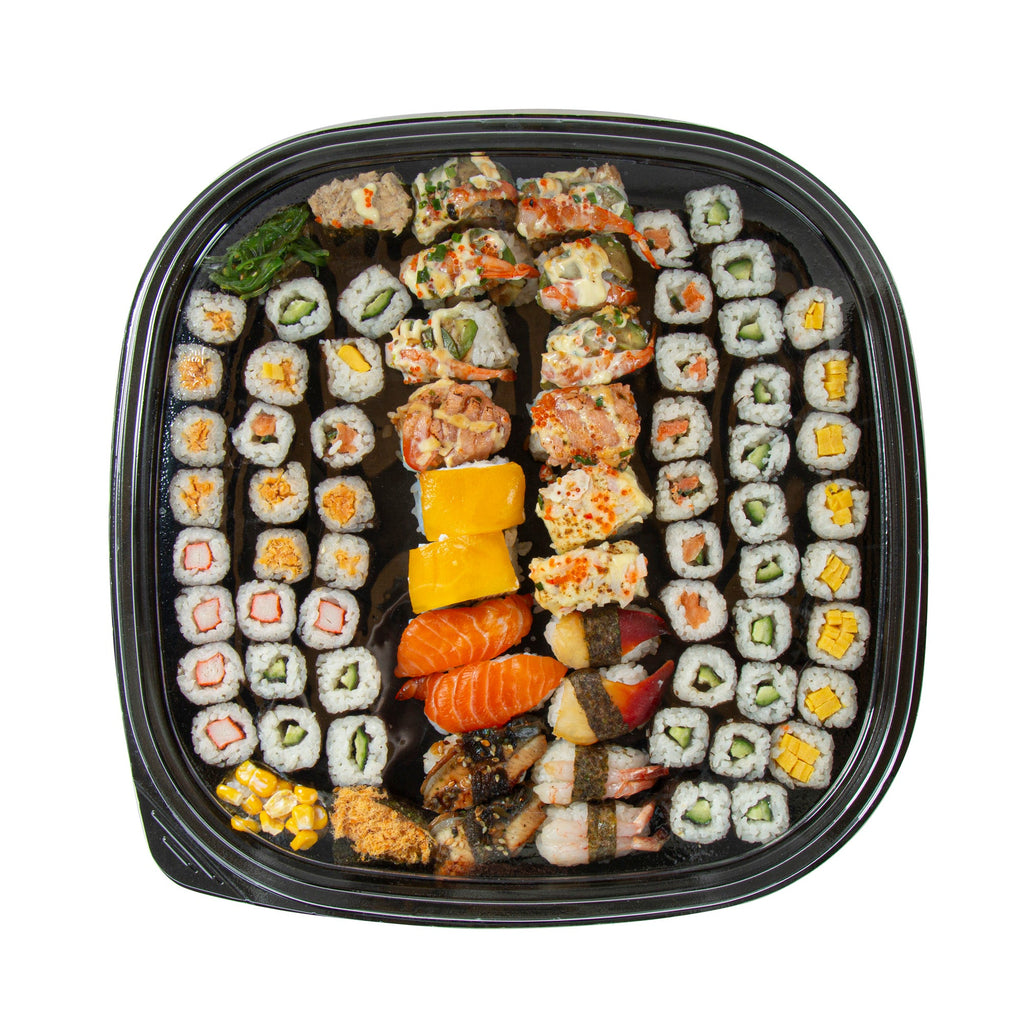 Roku Square Black Plastic Take Out Sushi Tray - with Clear Lid - 13 1/2" x 13 1/2" x 1 3/4" - 100 count box
