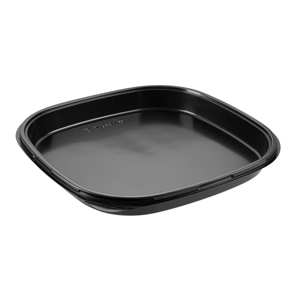 Roku Square Black Plastic Take Out Sushi Tray - with Clear Lid - 13 1/2" x 13 1/2" x 1 3/4" - 100 count box