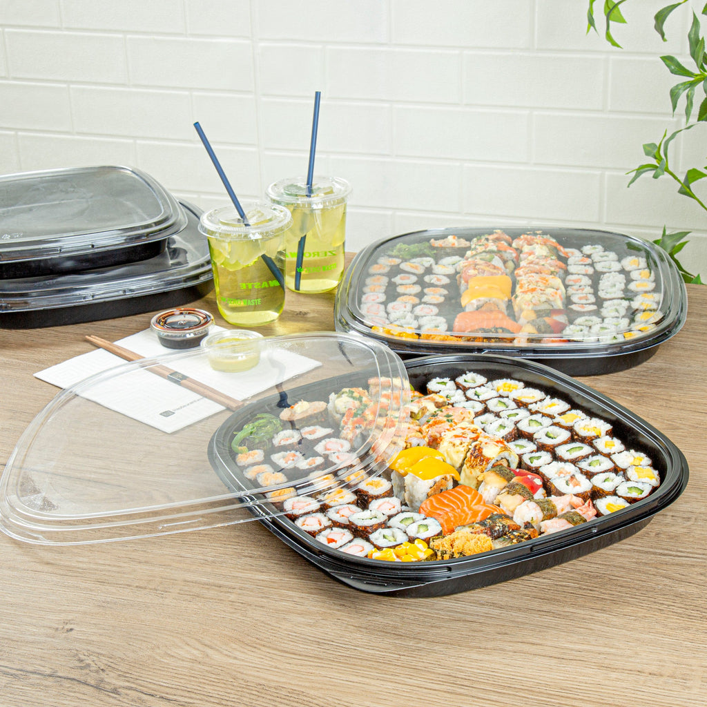 Roku Square Black Plastic Take Out Sushi Tray - with Clear Lid - 13 1/2" x 13 1/2" x 1 3/4" - 100 count box