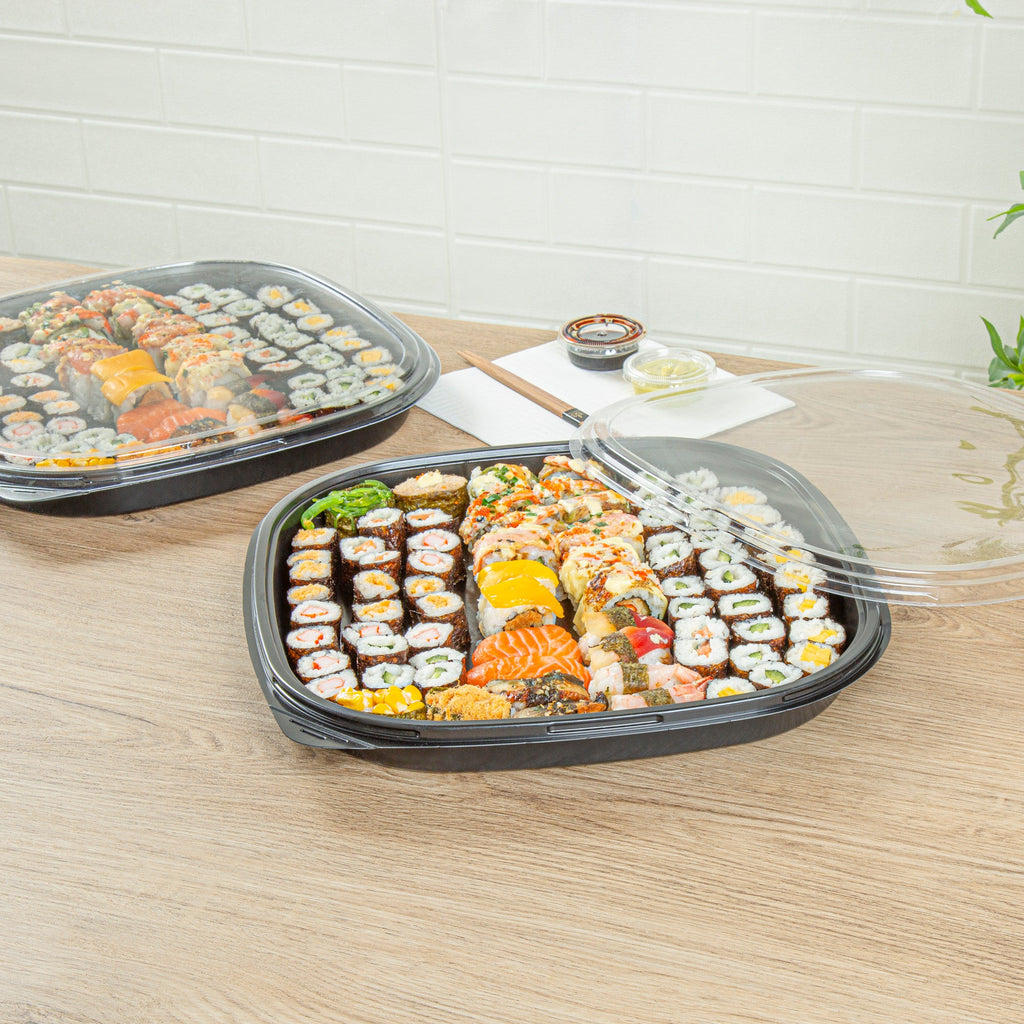 Roku Square Black Plastic Take Out Sushi Tray - with Clear Lid - 13 1/2" x 13 1/2" x 1 3/4" - 100 count box
