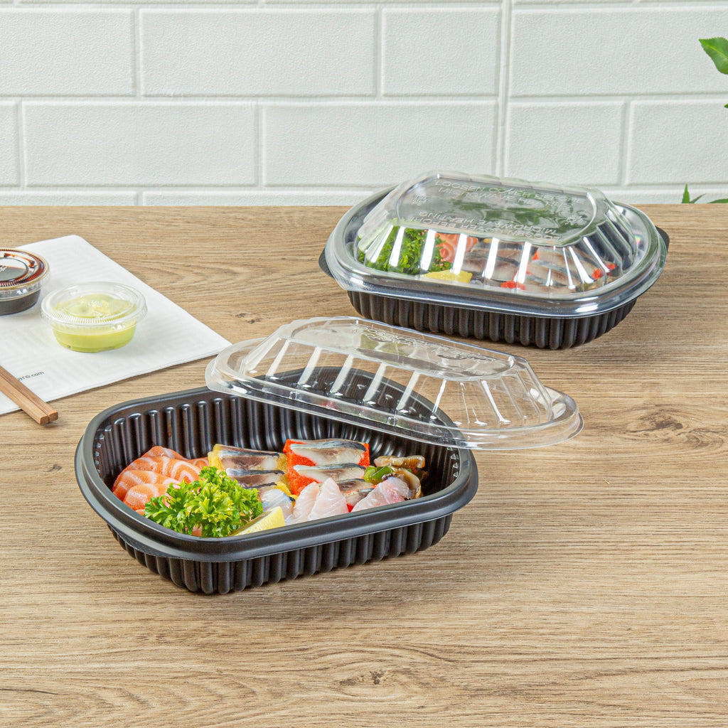 Chef 101 24 oz Rectangle Black Plastic Food Container - with Clear Lid, Microwavable - 7 3/4" x 6 1/4" x 2 1/4" - 100 count box
