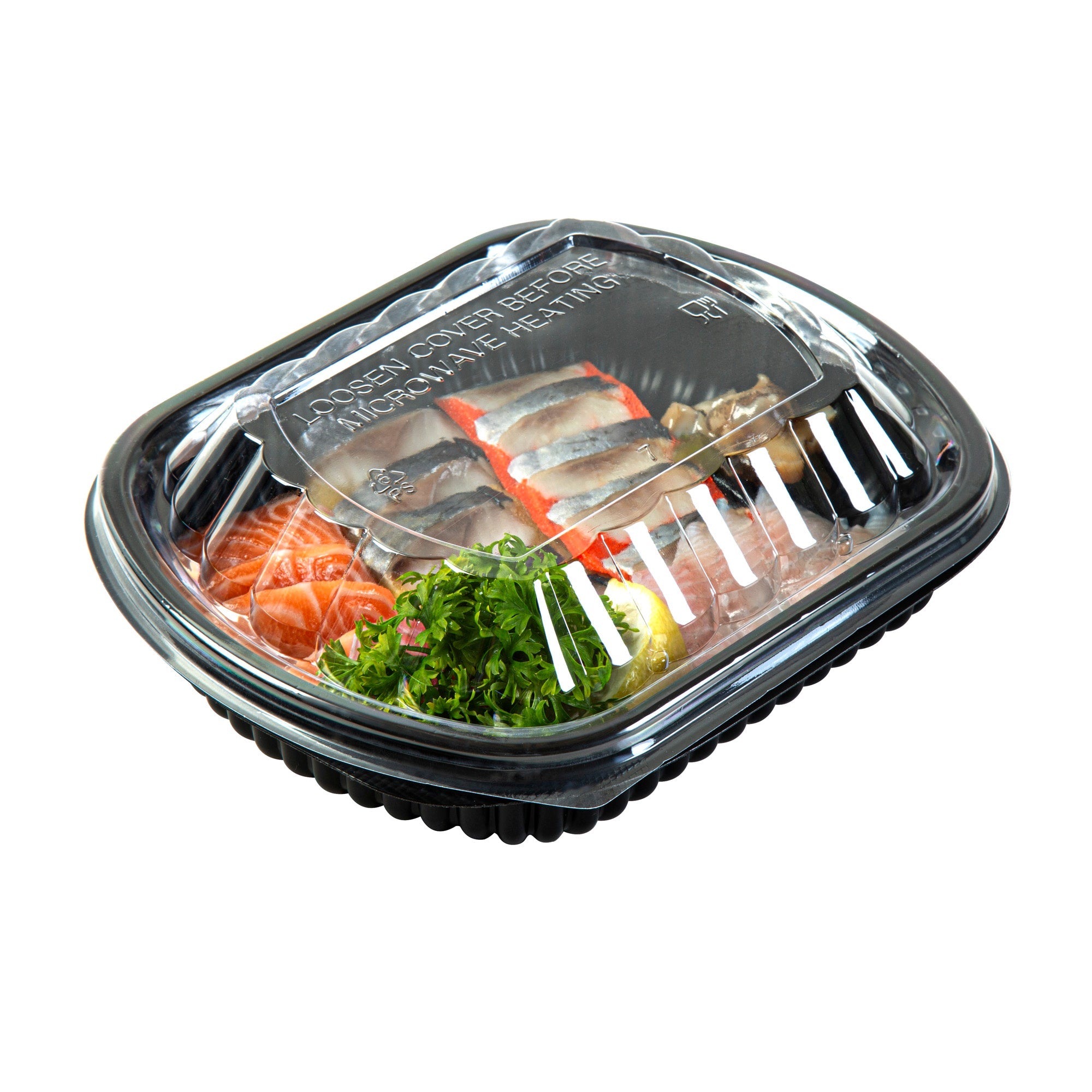 Chef 101 24 oz Rectangle Black Plastic Food Container - with Clear Lid, Microwavable - 7 3/4" x 6 1/4" x 2 1/4" - 50 count box