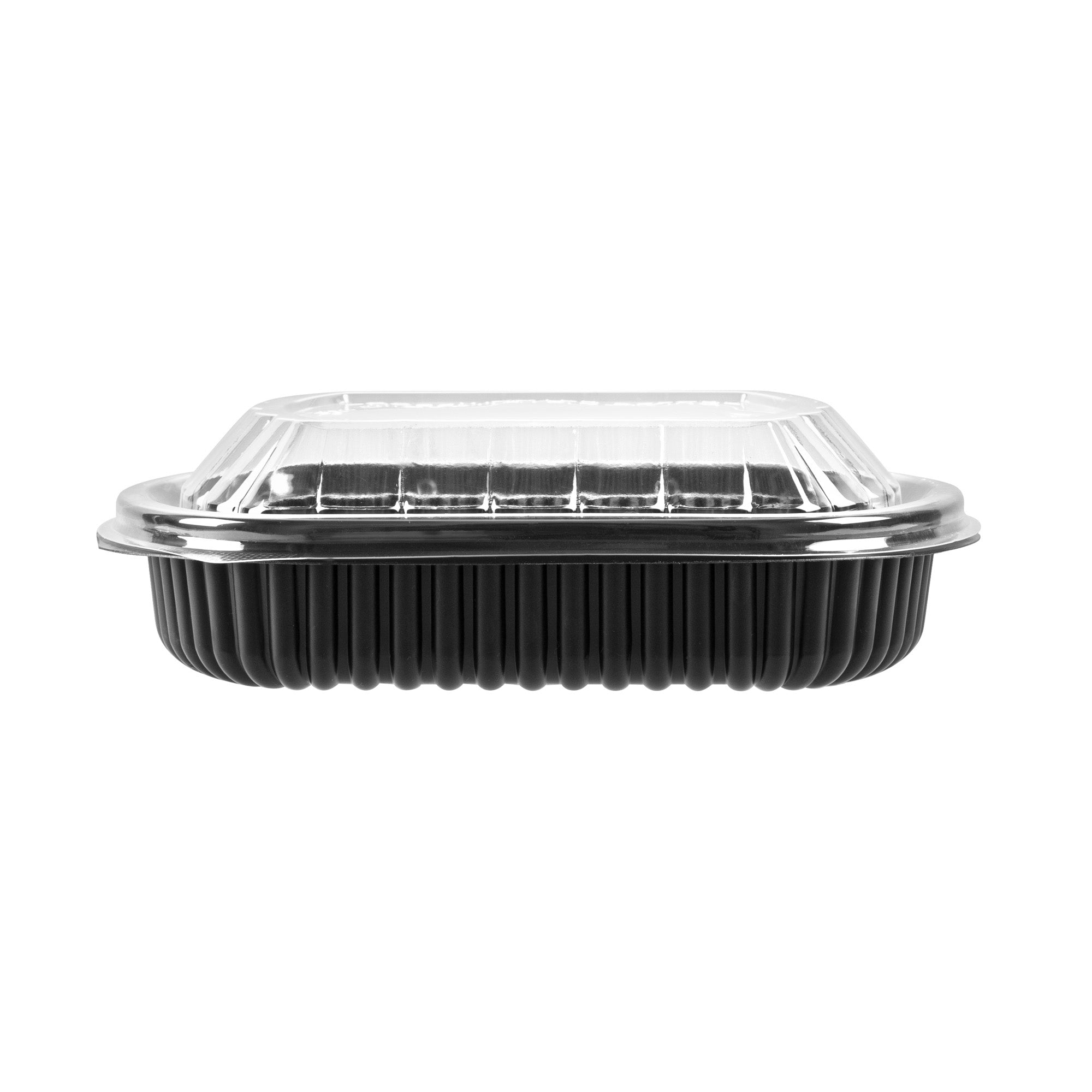 Chef 101 24 oz Rectangle Black Plastic Food Container - with Clear Lid, Microwavable - 7 3/4" x 6 1/4" x 2 1/4" - 50 count box