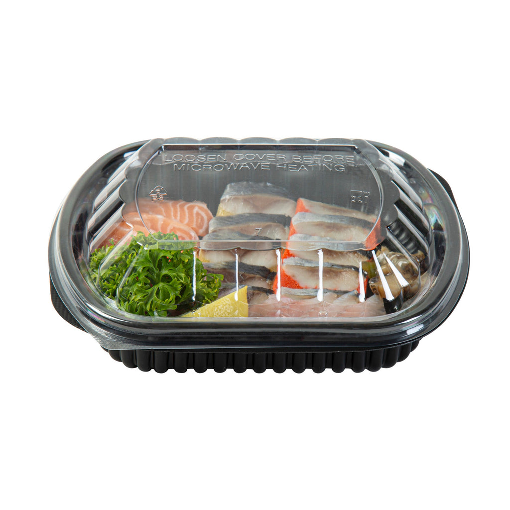 Chef 101 24 oz Rectangle Black Plastic Food Container - with Clear Lid, Microwavable - 7 3/4" x 6 1/4" x 2 1/4" - 100 count box