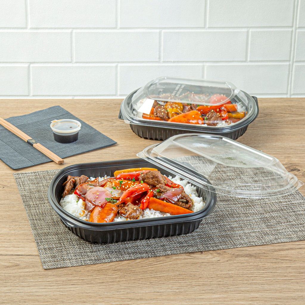 Chef 101 36 oz Rectangle Black Plastic Food Container - with Clear Lid, Microwavable - 9 1/4" x 7 3/4" x 2 3/4" - 50 count box