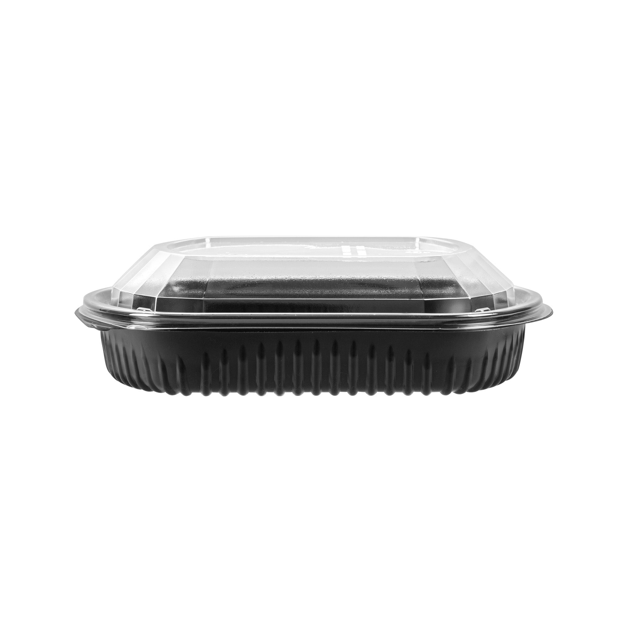 Chef 101 36 oz Rectangle Black Plastic Food Container - with Clear Lid, Microwavable - 9 1/4" x 7 3/4" x 2 3/4" - 50 count box