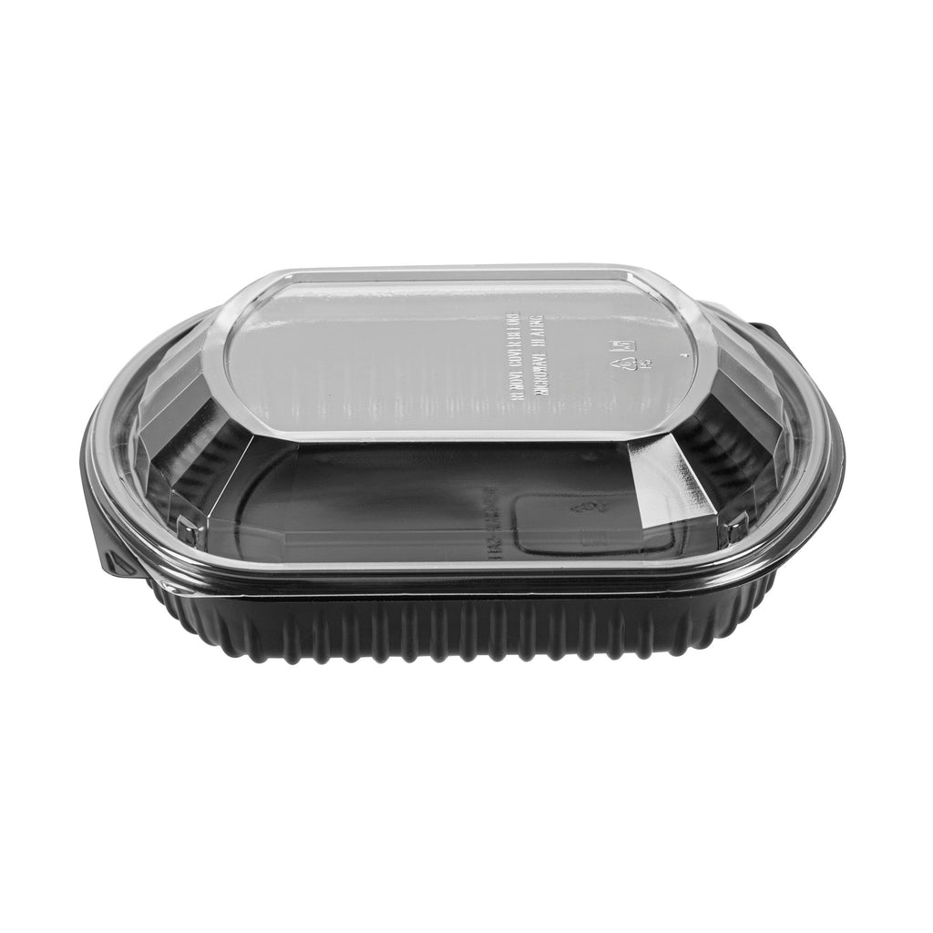 Chef 101 36 oz Rectangle Black Plastic Food Container - with Clear Lid, Microwavable - 9 1/4" x 7 3/4" x 2 3/4" - 50 count box