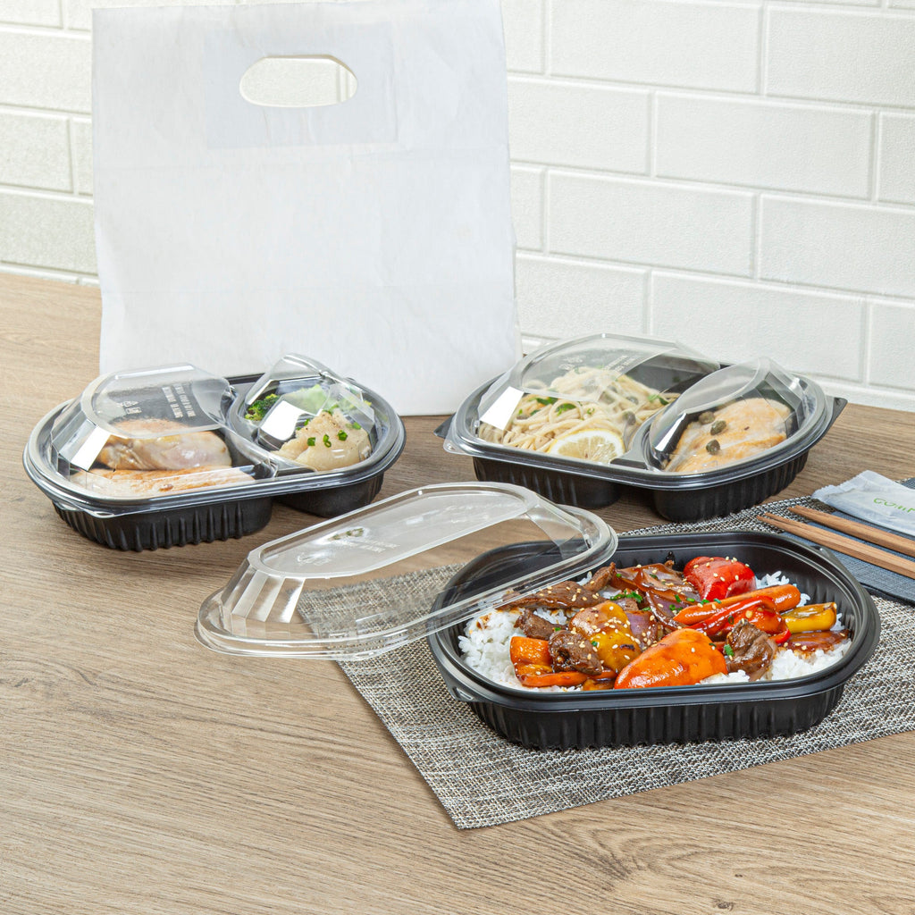 Chef 101 36 oz Rectangle Black Plastic Food Container - with Clear Lid, Microwavable - 9 1/4" x 7 3/4" x 2 3/4" - 50 count box