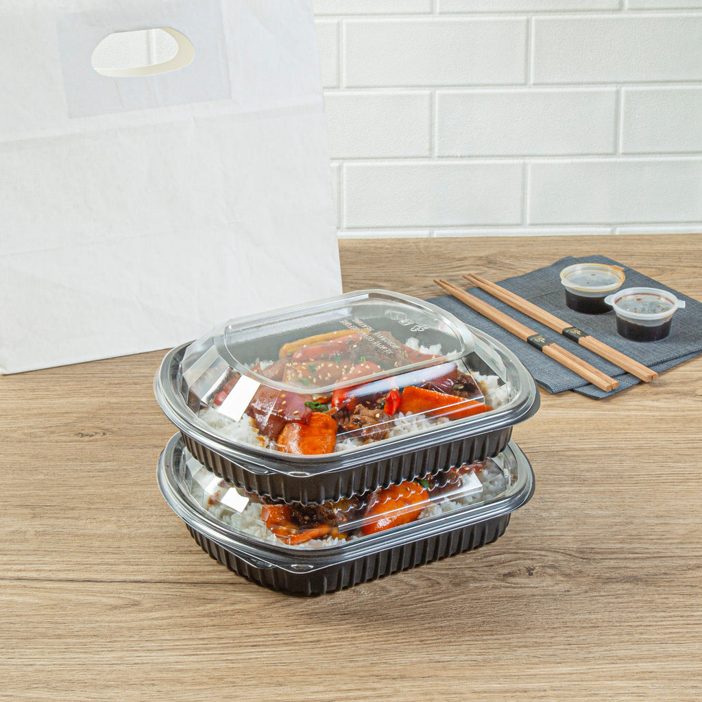 Chef 101 36 oz Rectangle Black Plastic Food Container - with Clear Lid, Microwavable - 9 1/4" x 7 3/4" x 2 3/4" - 50 count box