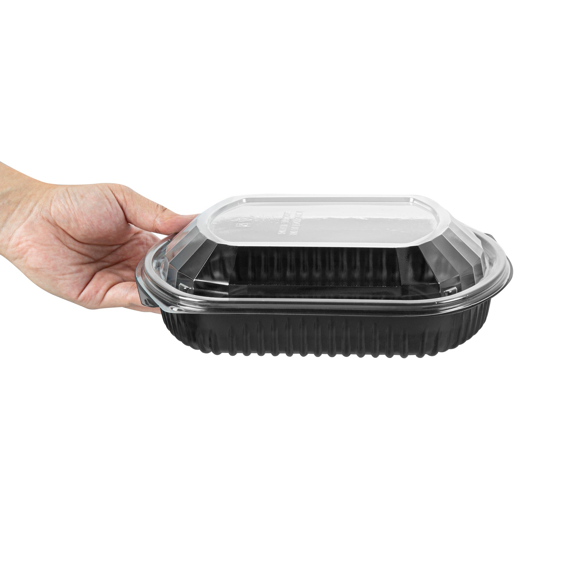 Chef 101 36 oz Rectangle Black Plastic Food Container - with Clear Lid, Microwavable - 9 1/4" x 7 3/4" x 2 3/4" - 100 count box