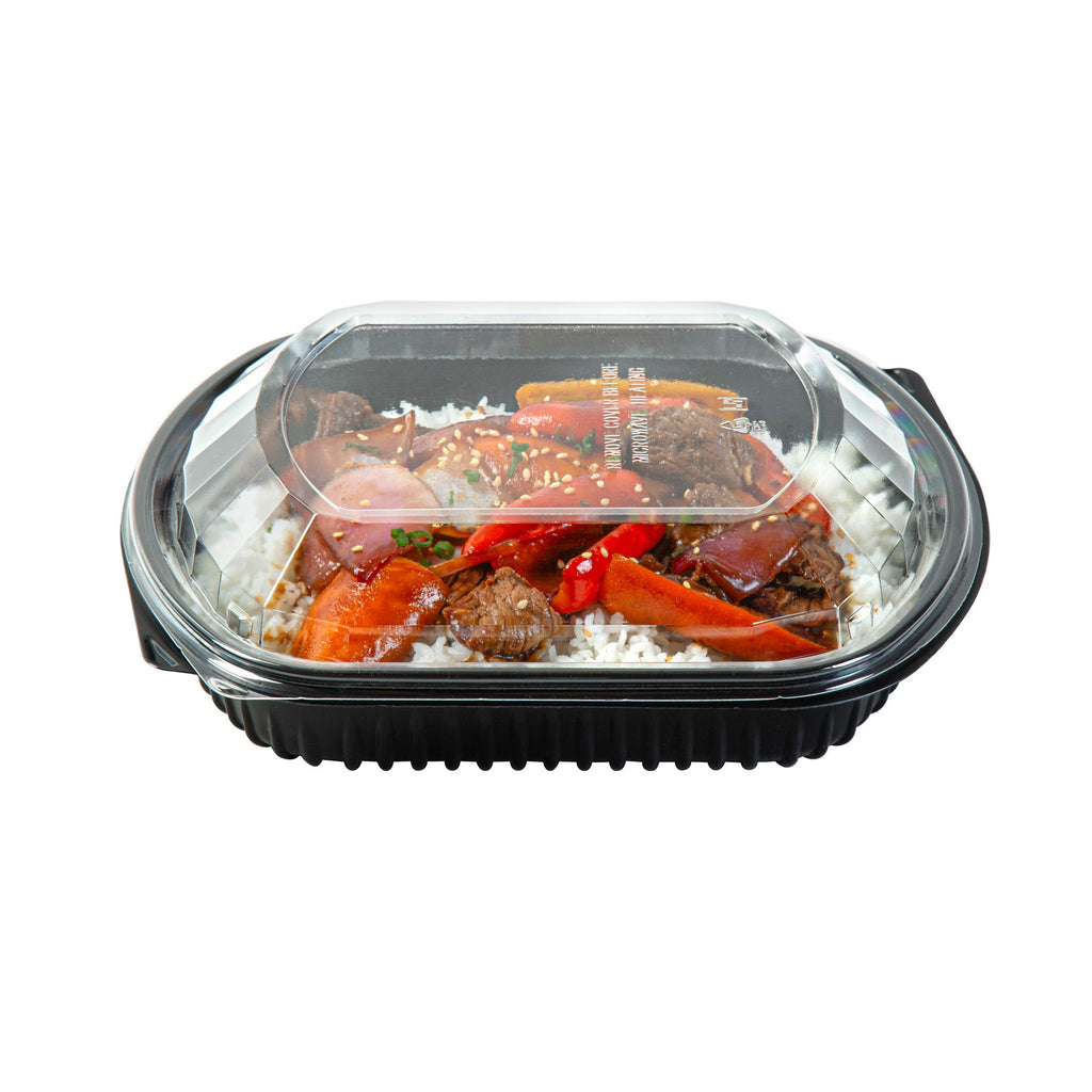 Chef 101 36 oz Rectangle Black Plastic Food Container - with Clear Lid, Microwavable - 9 1/4" x 7 3/4" x 2 3/4" - 100 count box