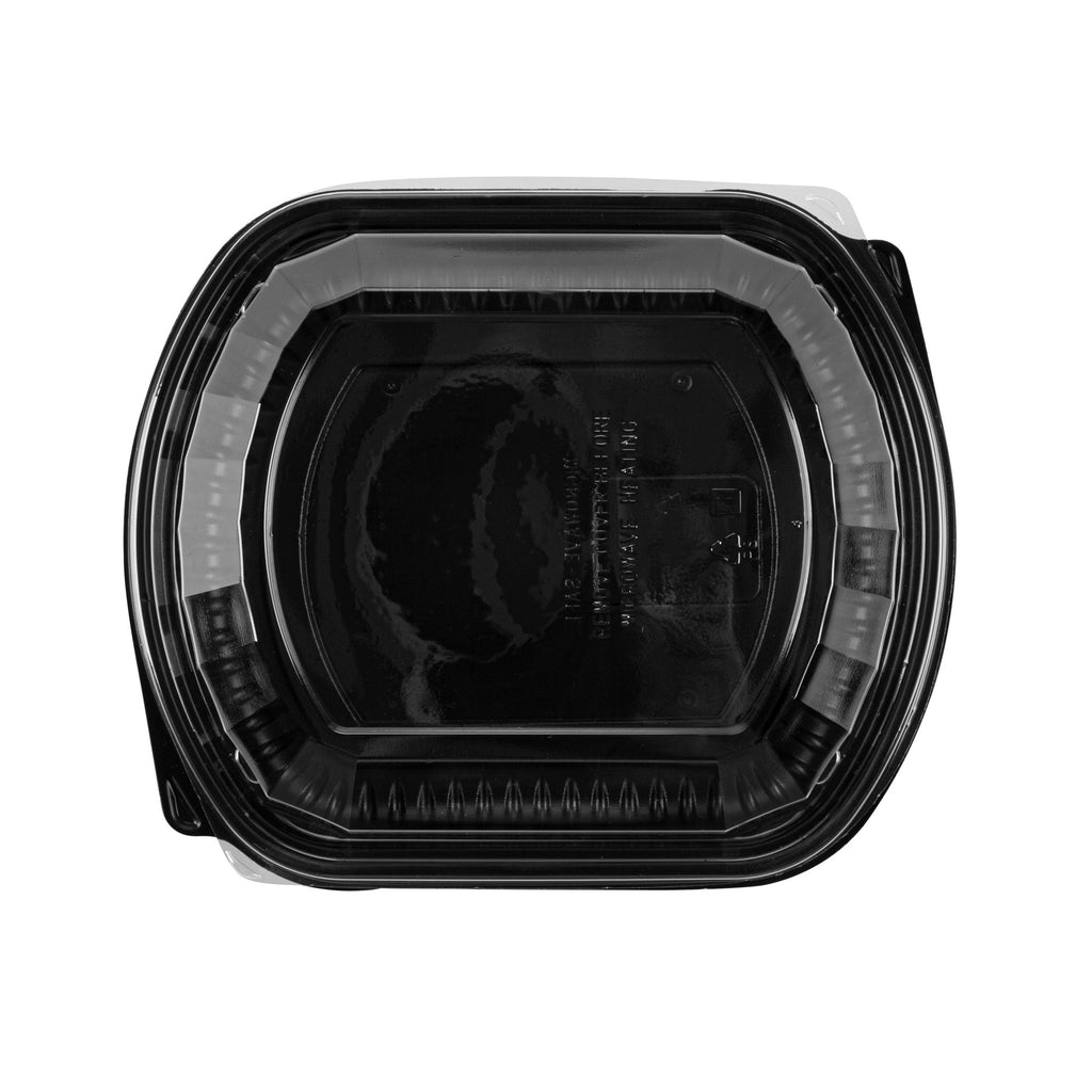Chef 101 36 oz Rectangle Black Plastic Food Container - with Clear Lid, Microwavable - 9 1/4" x 7 3/4" x 2 3/4" - 100 count box