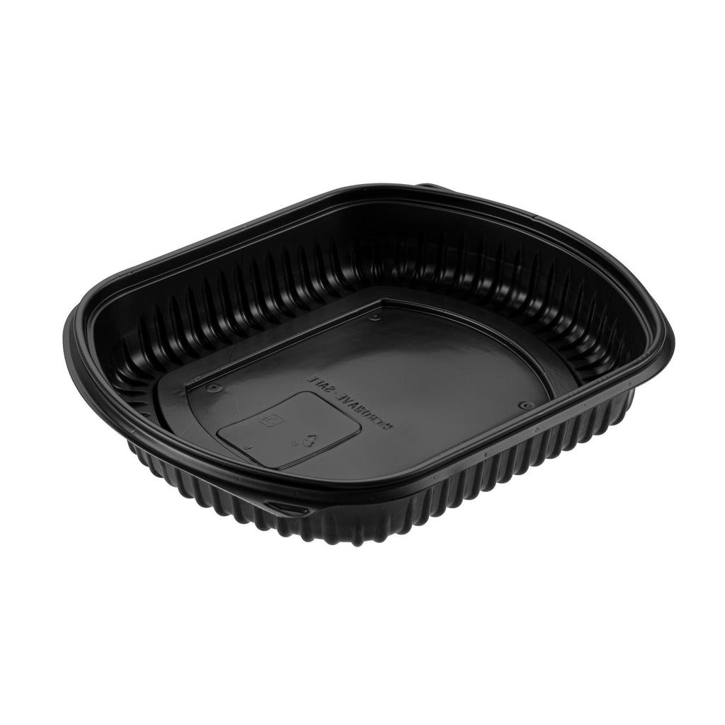 Chef 101 36 oz Rectangle Black Plastic Food Container - with Clear Lid, Microwavable - 9 1/4" x 7 3/4" x 2 3/4" - 100 count box