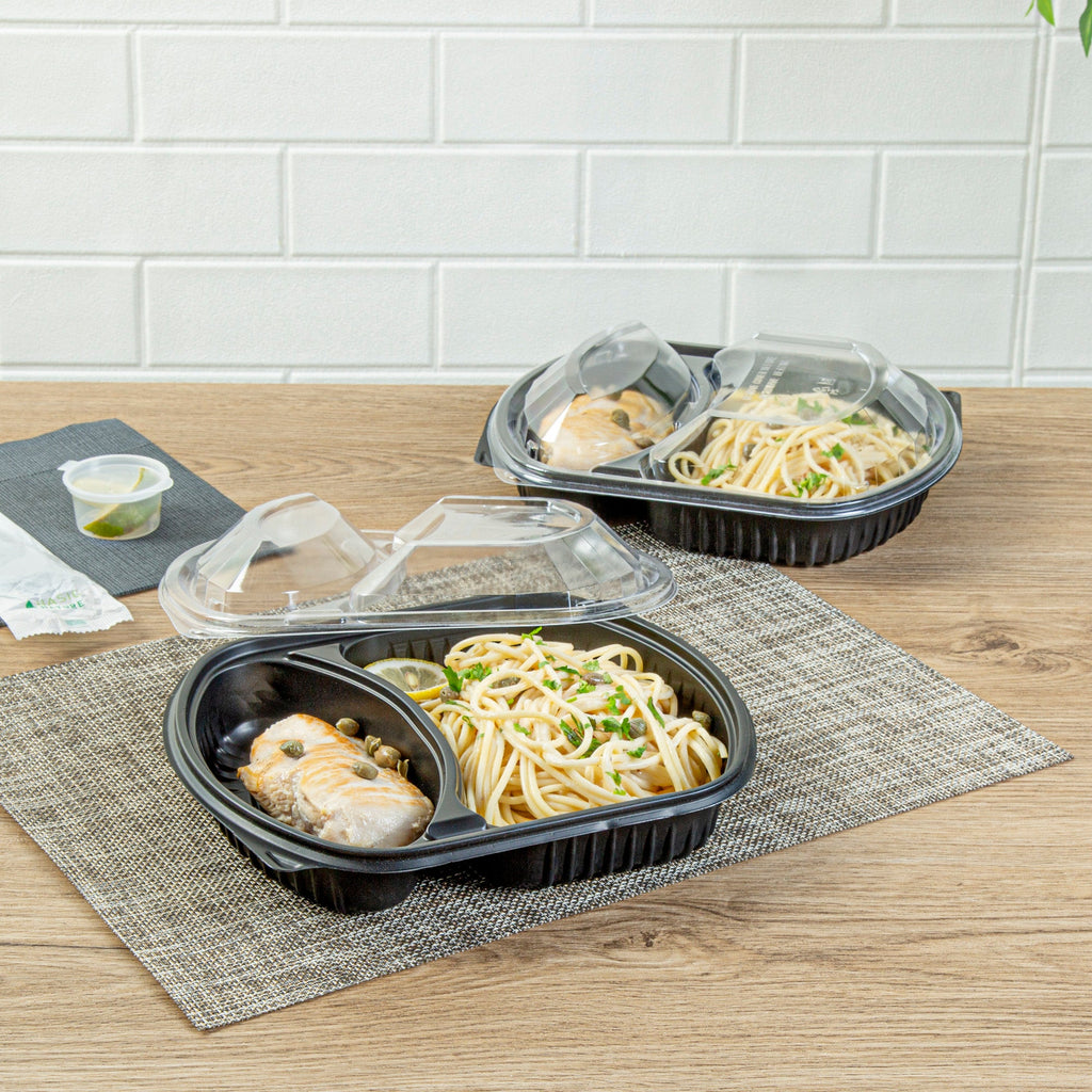 Chef 101 36 oz Rectangle Black Plastic Food Container - with Clear Lid, Microwavable, 2 Compartments - 9 1/4" x 8" x 2 3/4" - 100 count box