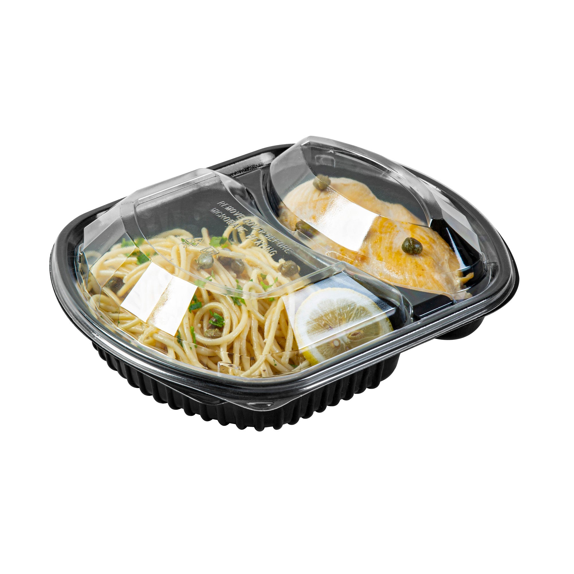 Chef 101 36 oz Rectangle Black Plastic Food Container - with Clear Lid, Microwavable, 2 Compartments - 9 1/4" x 8" x 2 3/4" - 50 count box