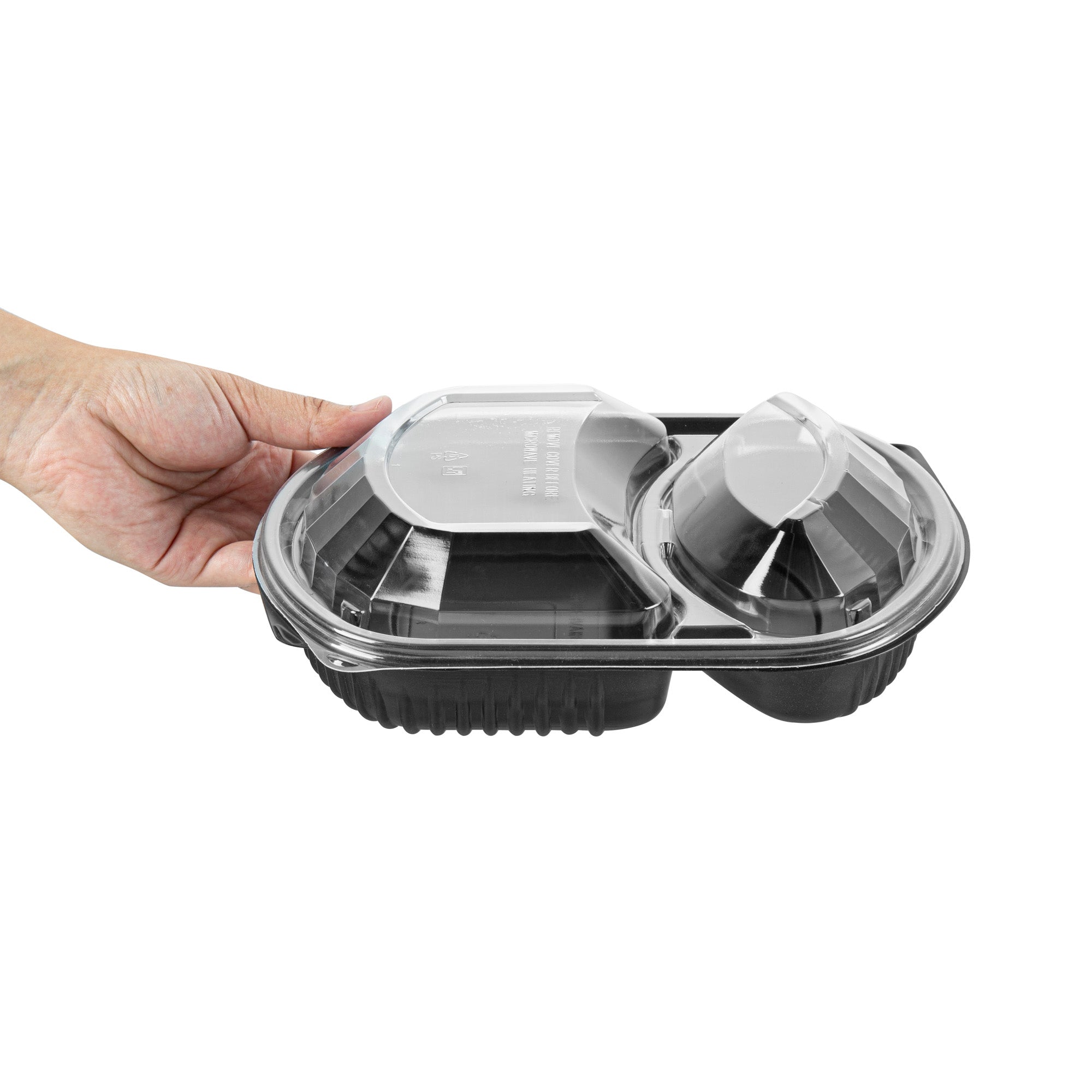 Chef 101 36 oz Rectangle Black Plastic Food Container - with Clear Lid, Microwavable, 2 Compartments - 9 1/4" x 8" x 2 3/4" - 50 count box