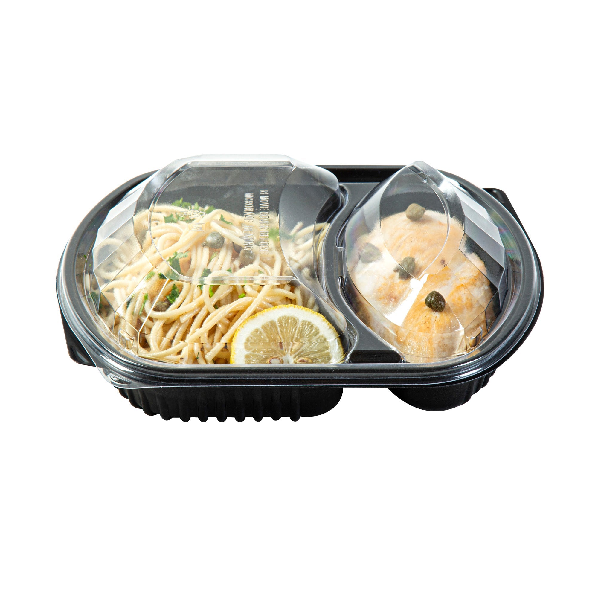 Chef 101 36 oz Rectangle Black Plastic Food Container - with Clear Lid, Microwavable, 2 Compartments - 9 1/4" x 8" x 2 3/4" - 50 count box