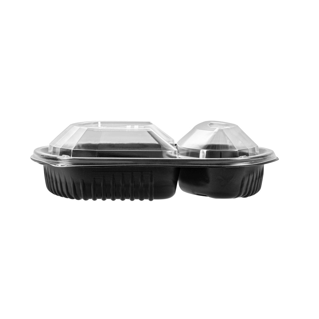 Chef 101 36 oz Rectangle Black Plastic Food Container - with Clear Lid, Microwavable, 2 Compartments - 9 1/4" x 8" x 2 3/4" - 50 count box