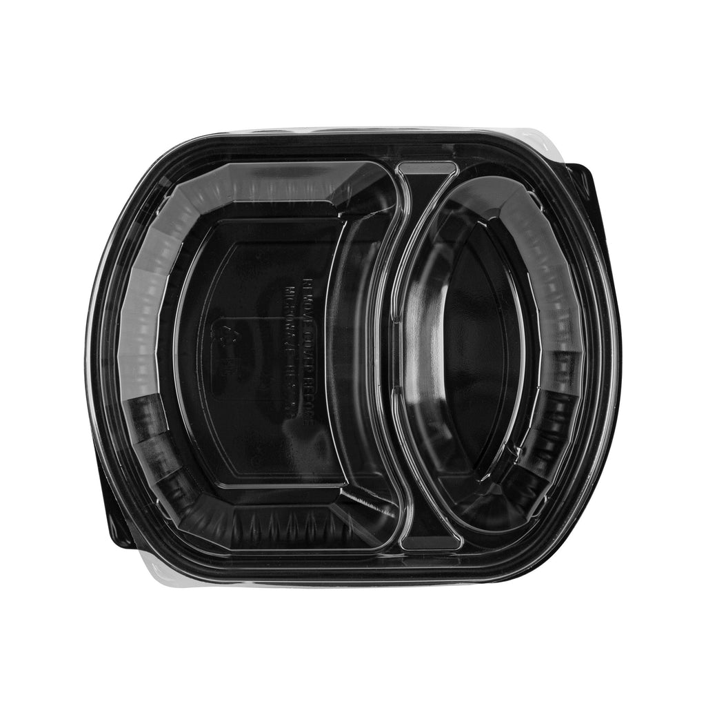 Chef 101 36 oz Rectangle Black Plastic Food Container - with Clear Lid, Microwavable, 2 Compartments - 9 1/4" x 8" x 2 3/4" - 50 count box