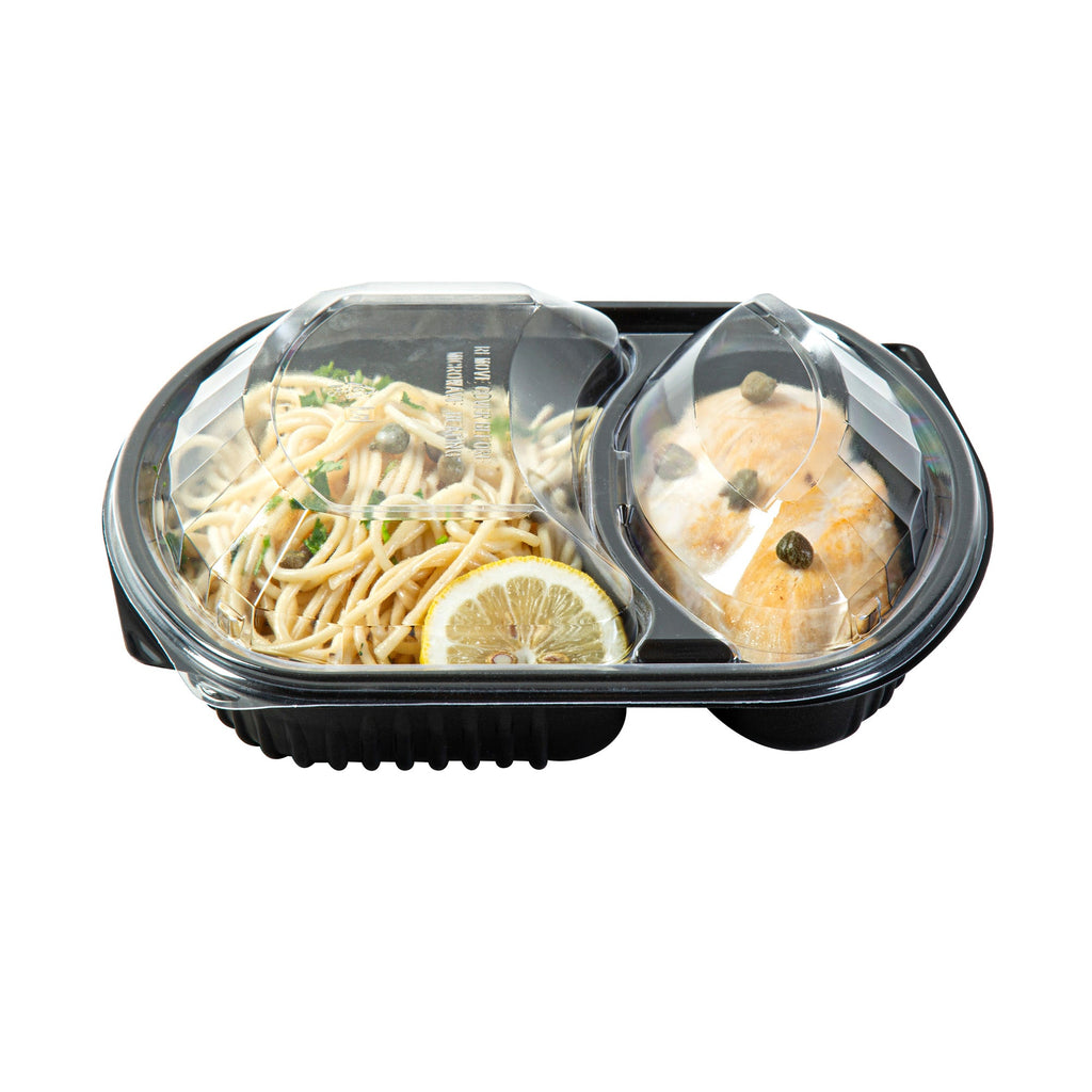 Chef 101 36 oz Rectangle Black Plastic Food Container - with Clear Lid, Microwavable, 2 Compartments - 9 1/4" x 8" x 2 3/4" - 100 count box