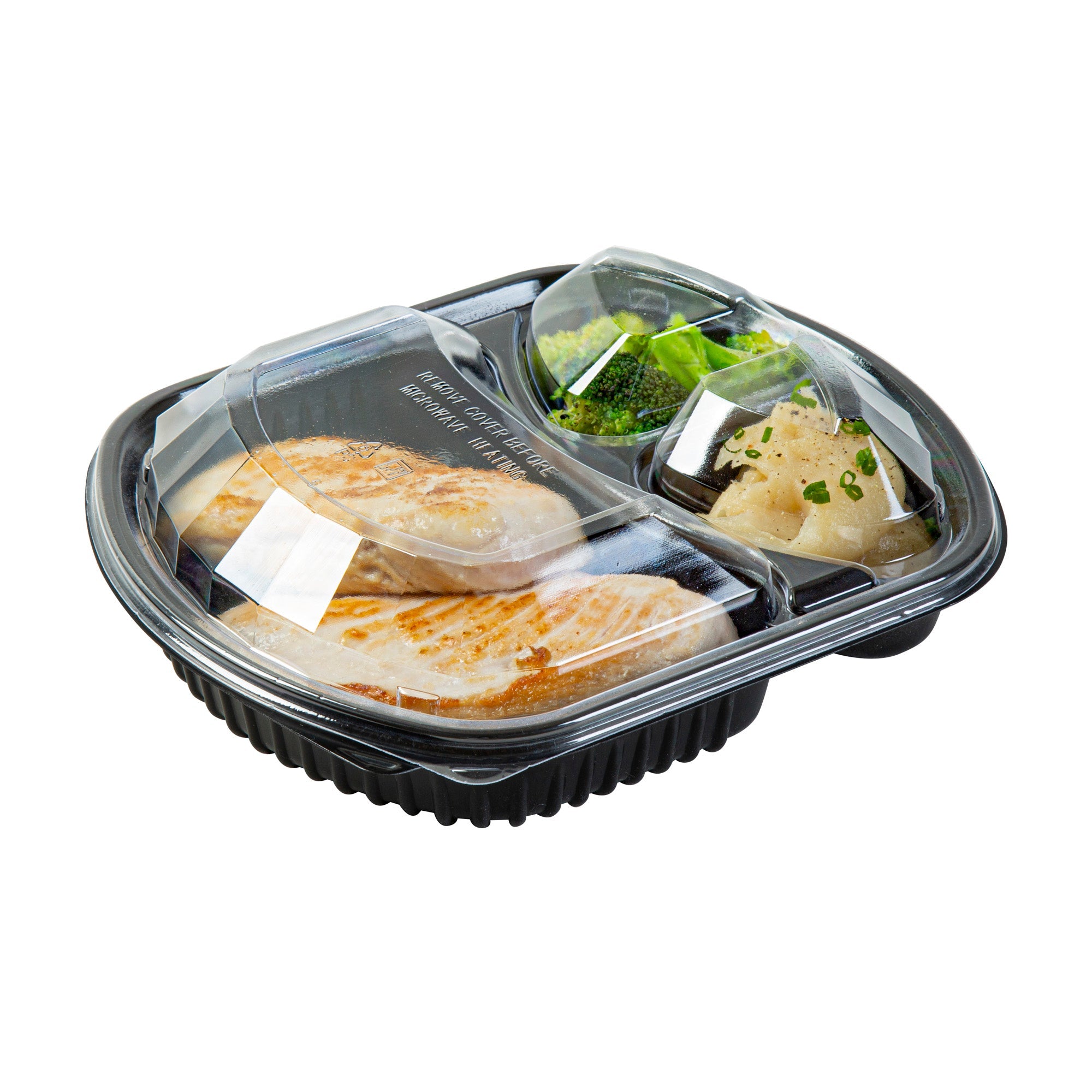 Chef 101 36 oz Rectangle Black Plastic Food Container - with Clear Lid, Microwavable, 3 Compartments - 9 1/4" x 8" x 2 3/4" - 100 count box