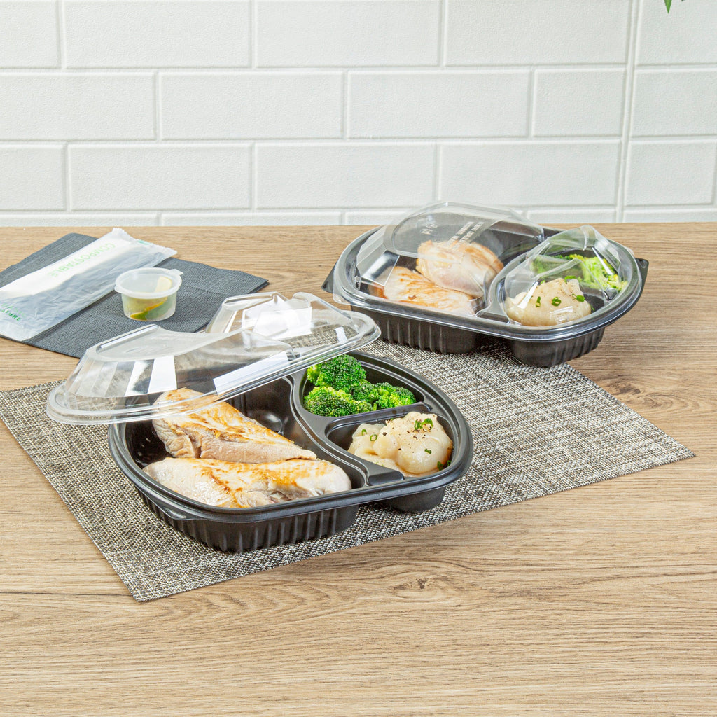 Chef 101 36 oz Rectangle Black Plastic Food Container - with Clear Lid, Microwavable, 3 Compartments - 9 1/4" x 8" x 2 3/4" - 50 count box
