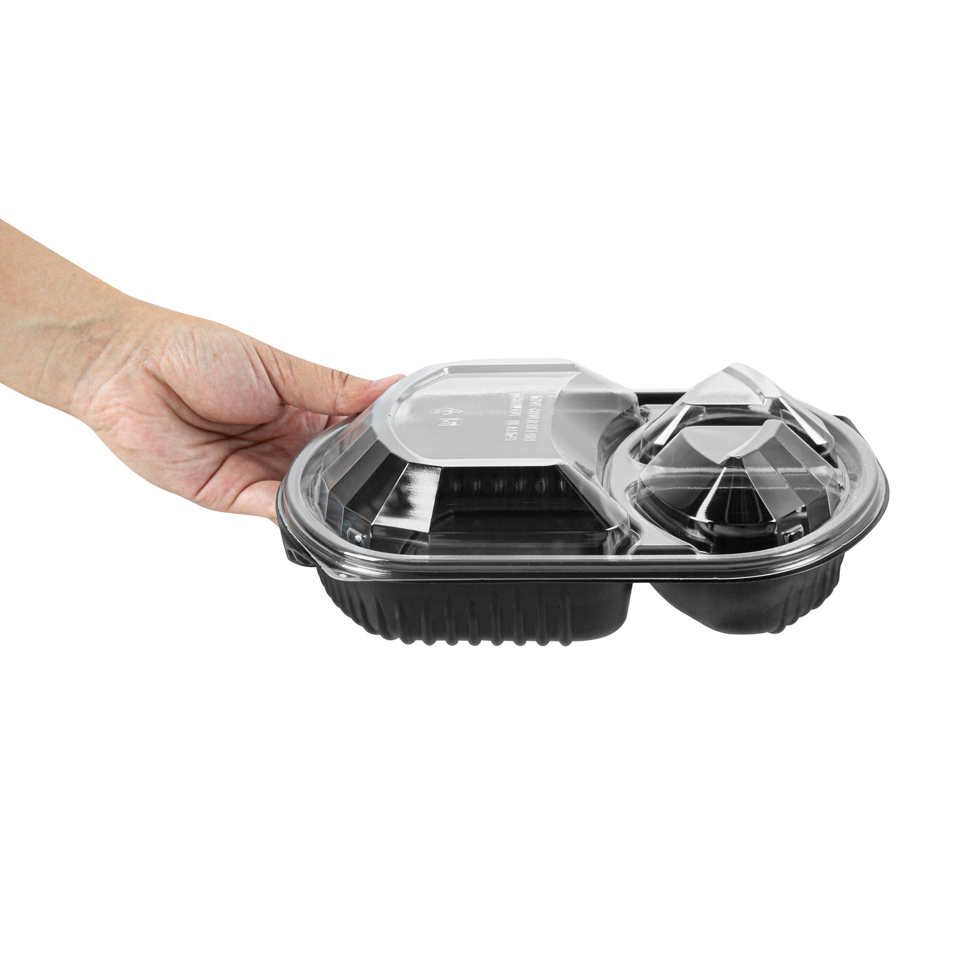 Chef 101 36 oz Rectangle Black Plastic Food Container - with Clear Lid, Microwavable, 3 Compartments - 9 1/4" x 8" x 2 3/4" - 50 count box