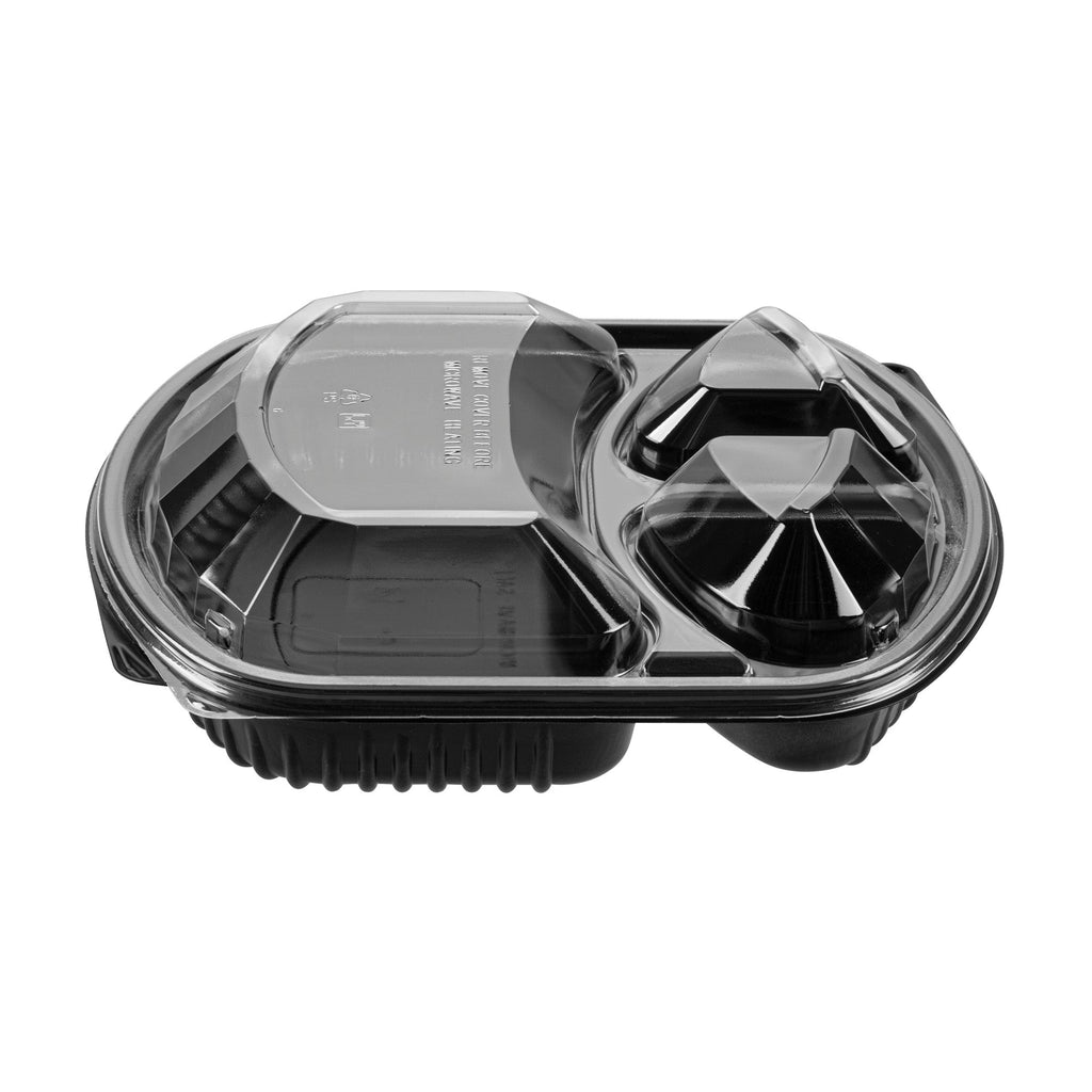 Chef 101 36 oz Rectangle Black Plastic Food Container - with Clear Lid, Microwavable, 3 Compartments - 9 1/4" x 8" x 2 3/4" - 50 count box