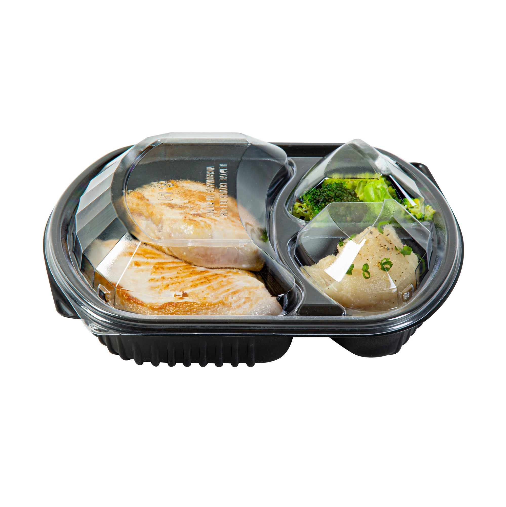 Chef 101 36 oz Rectangle Black Plastic Food Container - with Clear Lid, Microwavable, 3 Compartments - 9 1/4" x 8" x 2 3/4" - 100 count box
