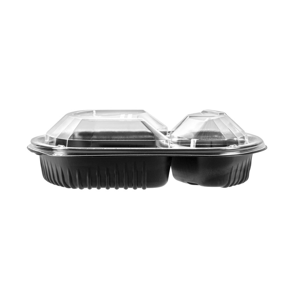 Chef 101 36 oz Rectangle Black Plastic Food Container - with Clear Lid, Microwavable, 3 Compartments - 9 1/4" x 8" x 2 3/4" - 100 count box